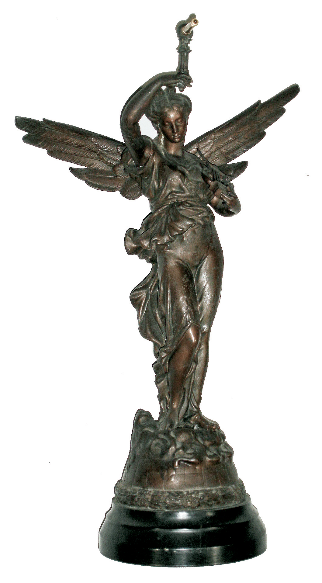 Ansonia Clock Co., New York, NY, ÓGloriaÒ statue ONLY for ÓLong BallÒ swinging clock arm, bronzed winged figure on painted metal base, c1901 — Antique Clocks Price Guide