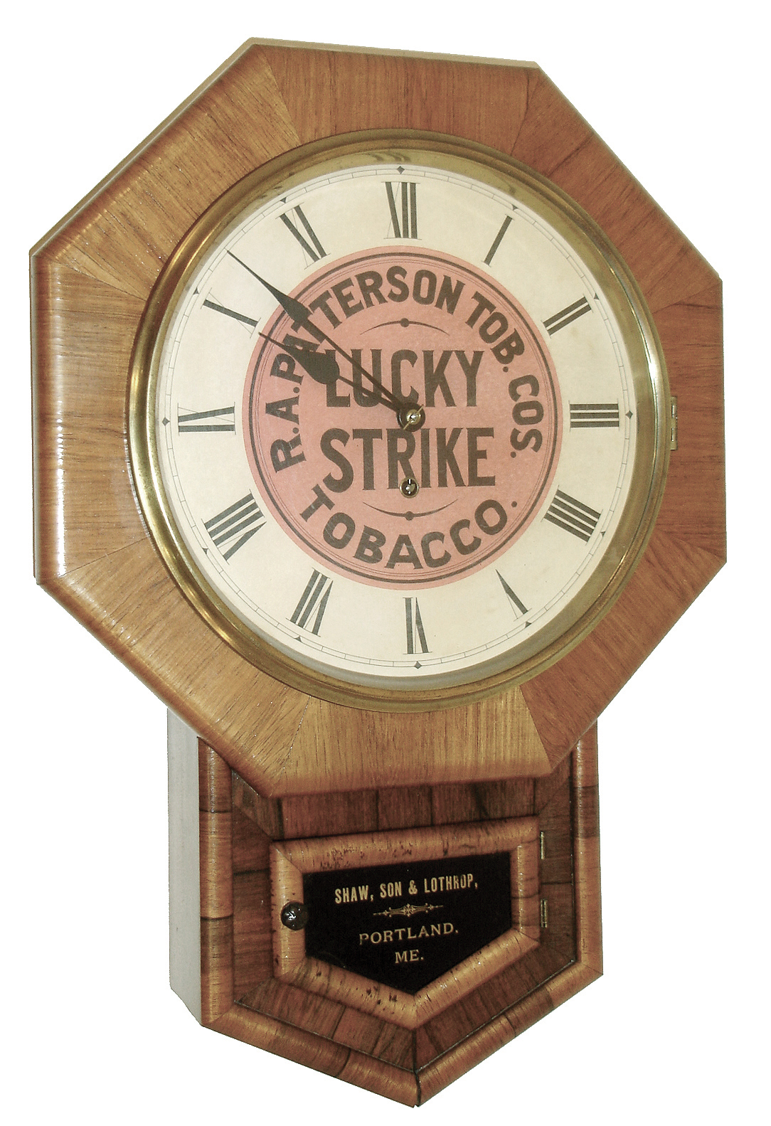 New Haven Clock Co., LUCKY STRIKE advertising clock, 8 days, spring, time only, with gold leaf tablet for ÒShaw, Son &amp; Lothrop, Portland, MEÓ c1900 — Antique Clocks Price Guide