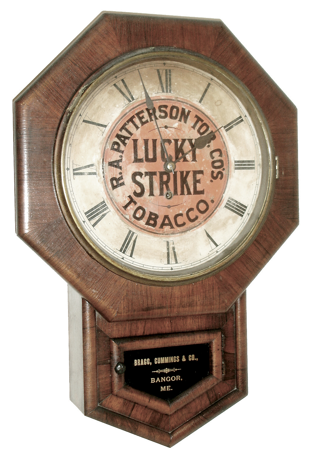New Haven Clock Co., LUCKY STRIKE advertising clock, 8 days, spring, time only, with gold leaf tablet for: ÓBragg, Cummings and Co. Bangor, ME.Ò, c1900 — Antique Clocks Price Guide