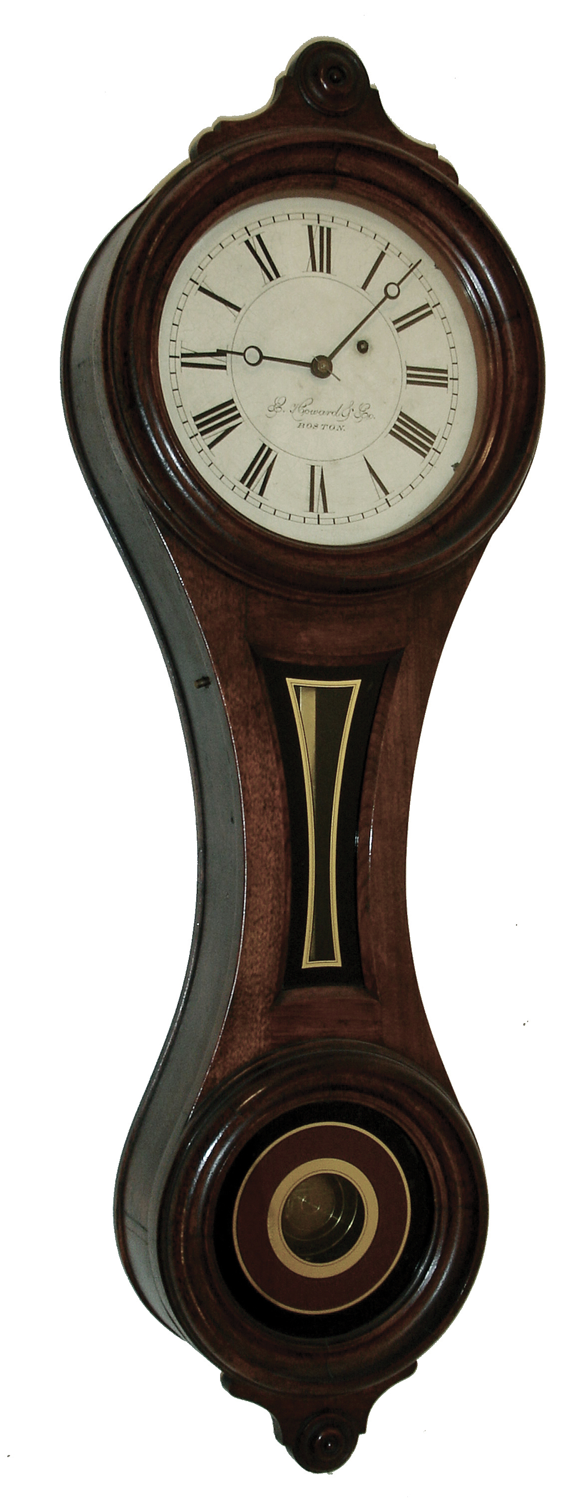 E. Howard &amp; Co., Boston, Mass., ÒNo. 9 RegulatorÓ figure eight wall clock timepiece, black walnut case, 8Ò chapter ring, c1885 — Antique Clocks Price Guide