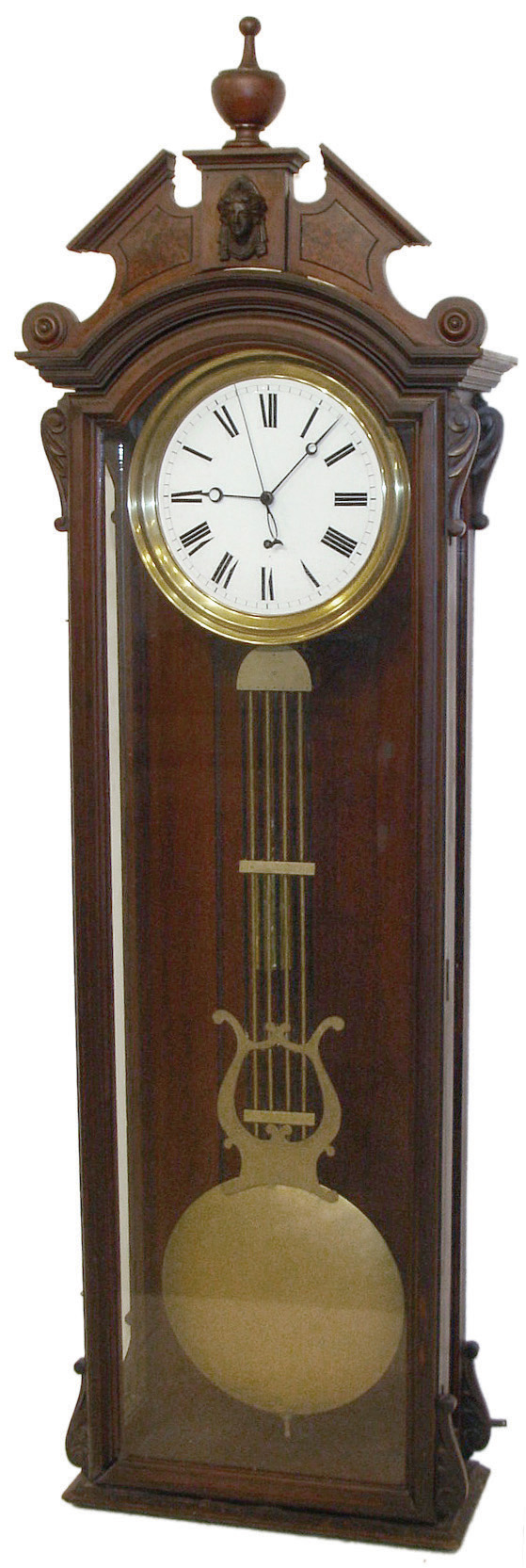 F. Kroeber &amp; Co., New York, N.Y., ÓSwiss Regulator No. 22Ò, wall clock, 8 days, time only, brass, weight driven, Swiss made movement with pinwheel escapement and center sweep seconds in a mahogany case with burled highlights on crest and Jenny Lind casting with a white enamel dial, c1880 — Antique Clocks Price Guide