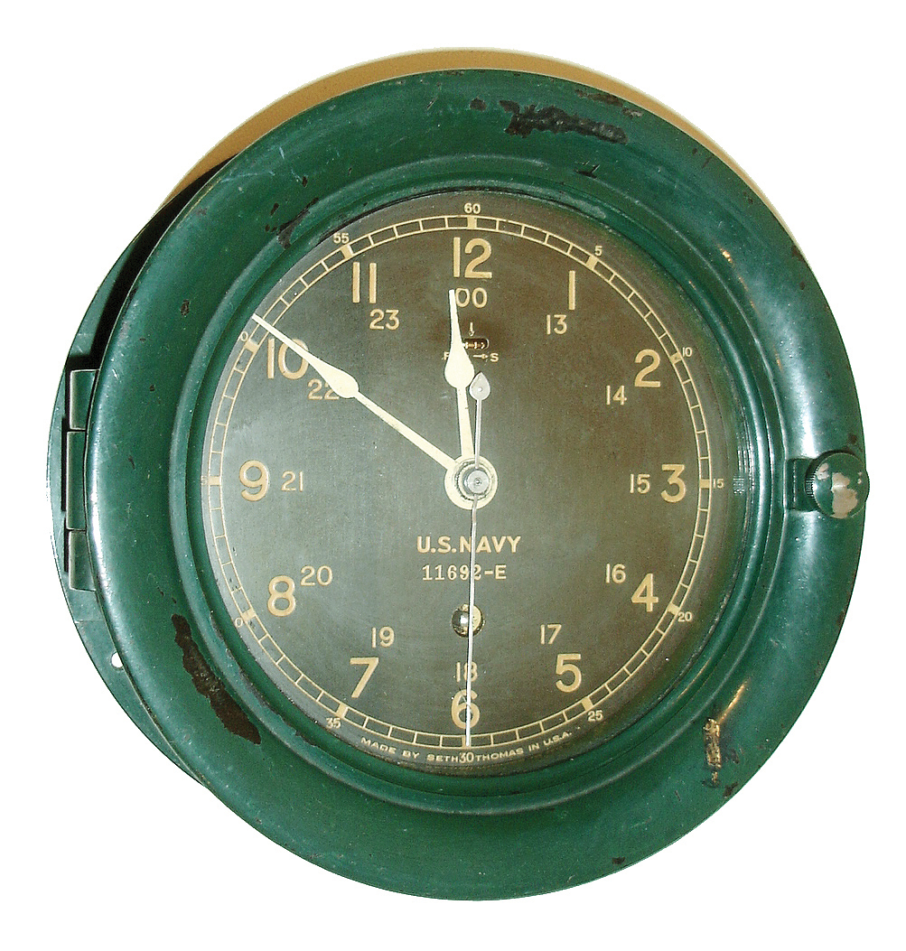 Seth Thomas Clock Co., Thomaston, Conn., 8 days, spring brass lever movement ward room timepiece with hinged bezel and thumbscrew latch. U.S. Navy 11692-E — Antique Clocks Price Guide
