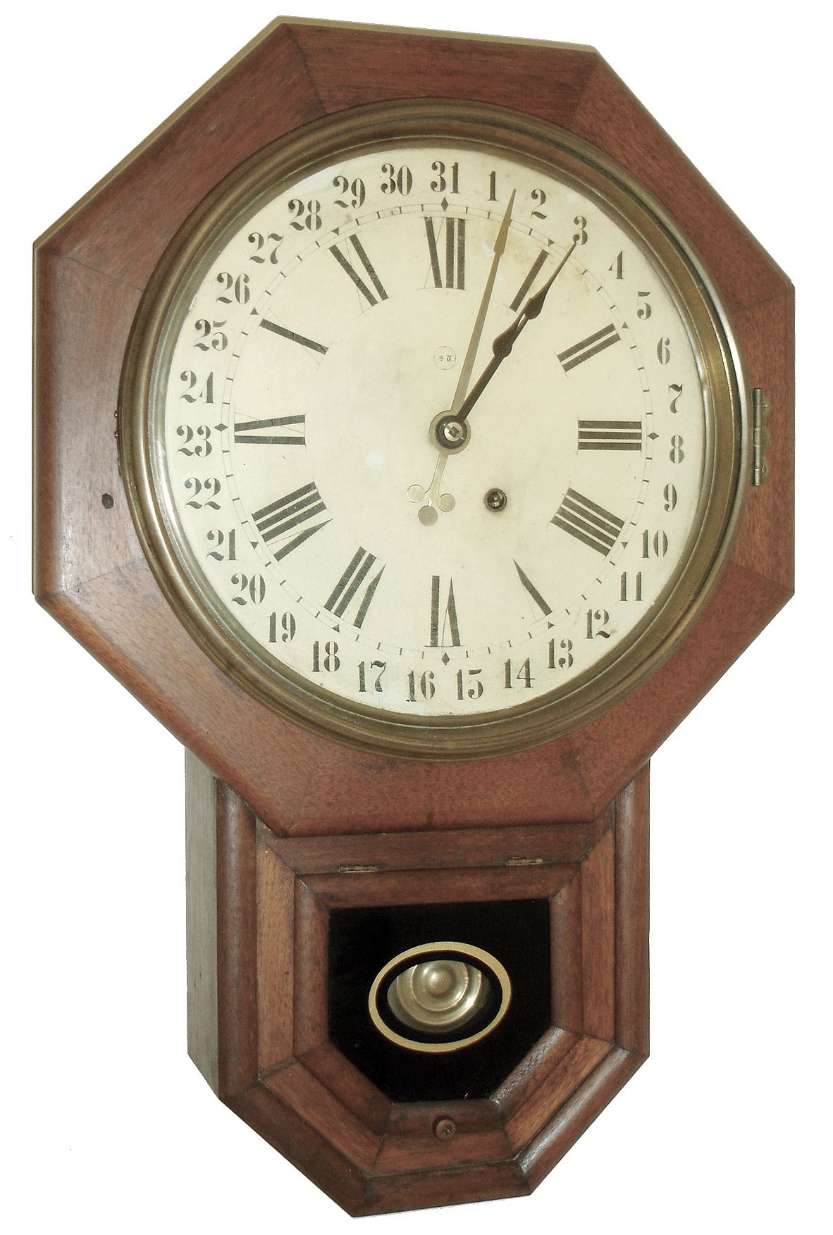 Clocks- 2 (Two) Seth Thomas Clock Co., Thomaston, Conn., wall clocks: (1) 12Ó dial short drop octagon school clock with simple calendar, c1880; (2) ÒECLIPSEÓ model hanging gingerbread clock in walnut, 8 days, time, strike and alarm, c1890 — Antique Clocks Price Guide