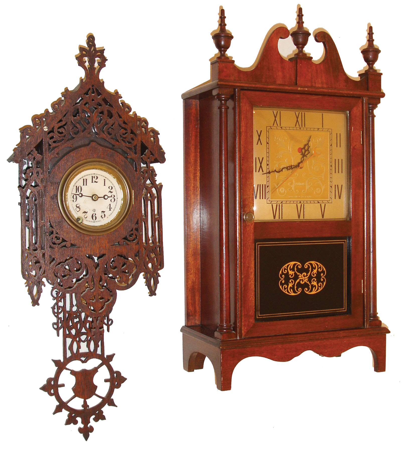 Clocks- 3 (Three): (1) 30 hours, spring brass movement fretwork wall timepiece. (2) Nutone Corporation, Cincinnati, OH, Electric clock and door bell in the form of a Pillar &amp; Scroll shelf clock; (3) Seth Thomas Clock Co., Thomaston, Conn., ÒColumnÓ model 8 days, time and strike, spring-driven miniature Empire shelf clock, c1870 — Antique Clocks Price Guide