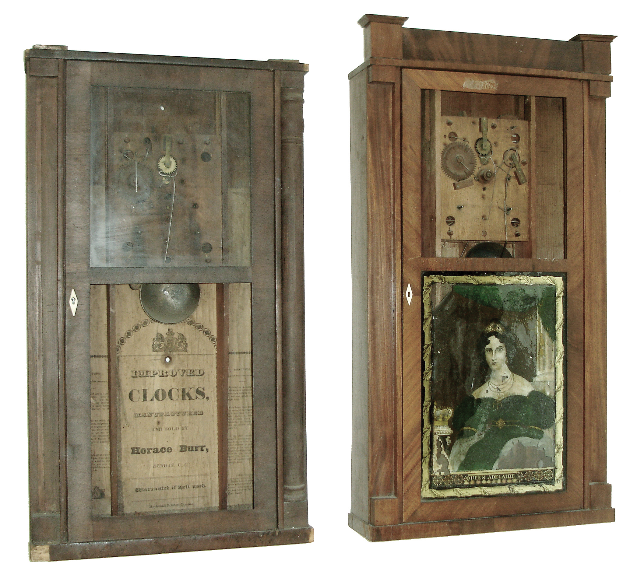 Clocks- 5 (Five): (1) Horace Burr, Dundas, UC, Canada, 30 hours, time and strike, weight wood movement shelf clock, c1835; (2) Atkins &amp; Downs for G. Mitchell &amp; R. Atkins, Bristol, Conn., 30 hours, time, strike &amp; alarm, 30 hours, wood movement shelf clock, c1830; (3) R(ansom) Blackslee, Jr., Plymouth, Conn., ÒDavies Patent LeverÓ 30 hours, time and strike, weight brass movement, shelf clock, c1850; (4) Seth Thomas, Thomaston, Conn., 30 hours, time and strike, weight brass movement, column shelf clock, c1870; (5) Waterbury Clock Co., Waterbury, Conn.. 30 hours, time and strike, weight brass movement, OG shelf clock, c1875. — Antique Clocks Price Guide