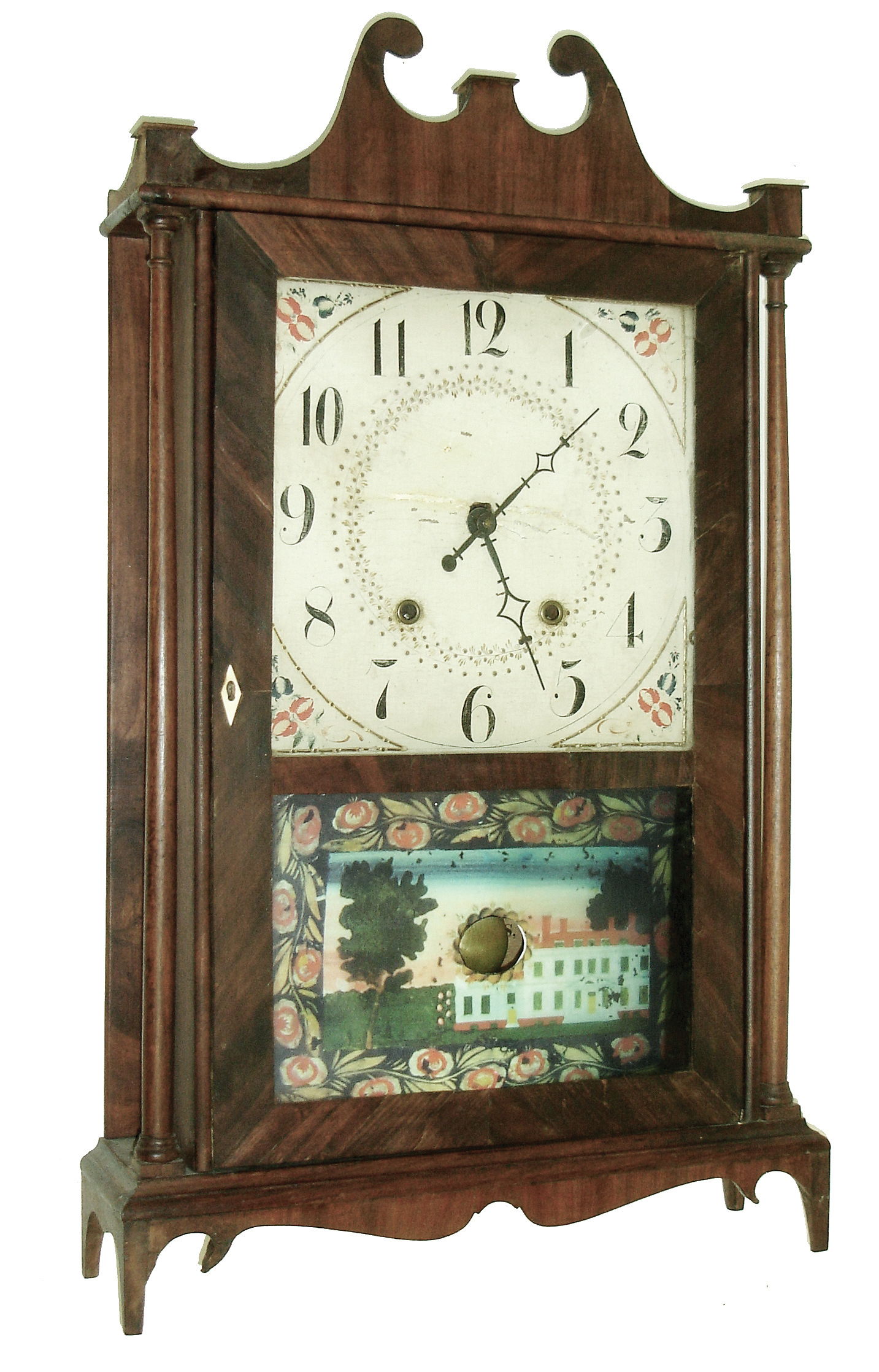 E. Terry &amp; Sons, Plymouth, Conn., Pillar &amp; Scroll, 30 hours, time and strike, weight driven movement, mahogany veneer case shelf clock, c1825;. — Antique Clocks Price Guide