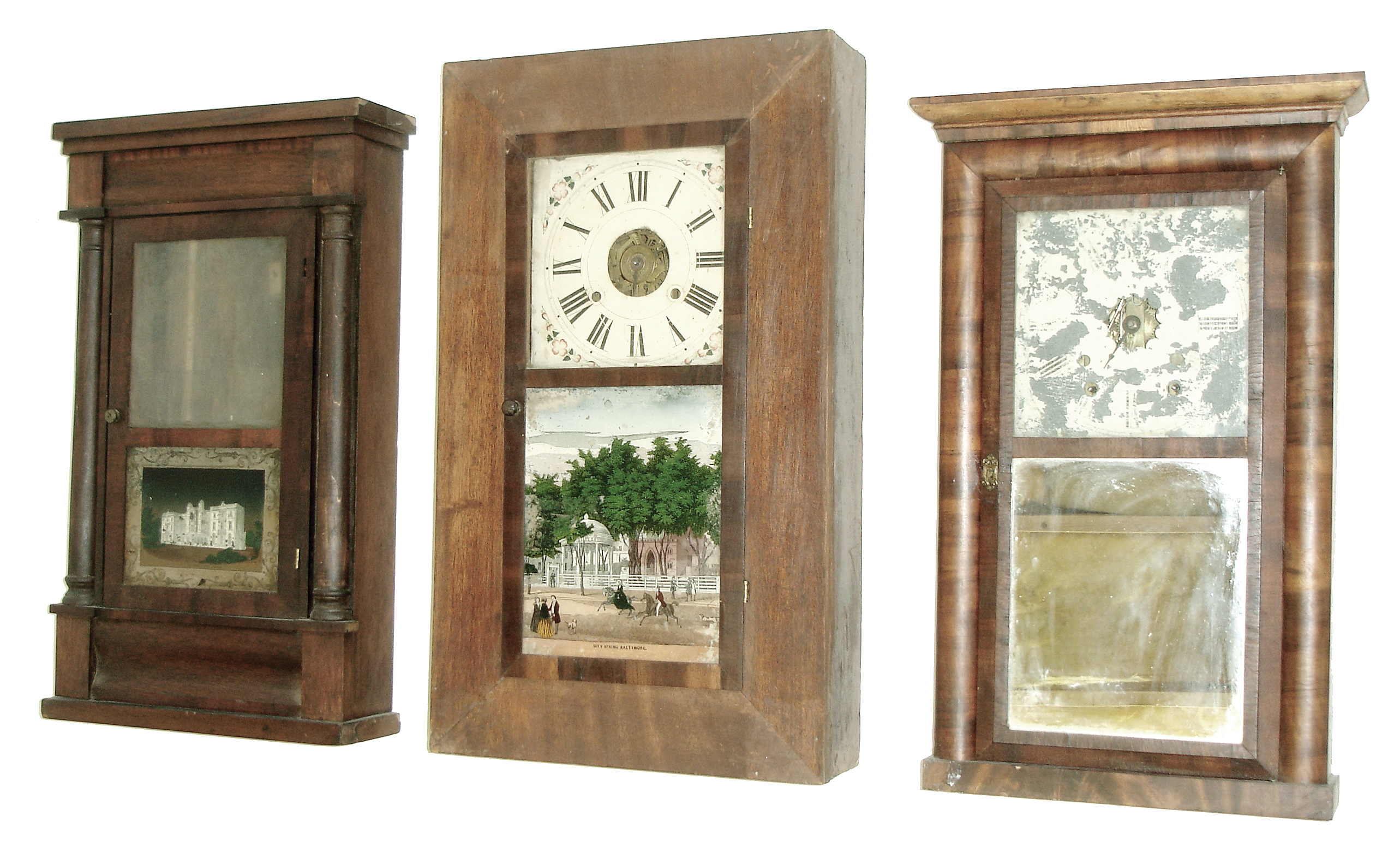 Clocks- 6 (Six): (1) Seth Thomas for J. M. Patterson, Hamilton, Canada, West OG column shelf clock, c155; (2) Russell Judson, Bristol, Conn. 30-hour Iron back plate movement shelf clock, c145; (3) Atkins &amp; Porter, Bristol, Conn., 30-hour, time and strike, brass movement OG shelf clock, c145; (4) Unknown, 30-hour, time and strike, brass movement 4-column OG shelf clock, c145. (5) Chauncey Jerome, New Haven, Conn., 30-hour, time and strike, brass movement column &amp; cornice shelf clock, c1850. (6) Jerome &amp; Co., New Haven, Conn., 30-hour, time, strike and alarm, brass movement shelf clock. — Antique Clocks Price Guide