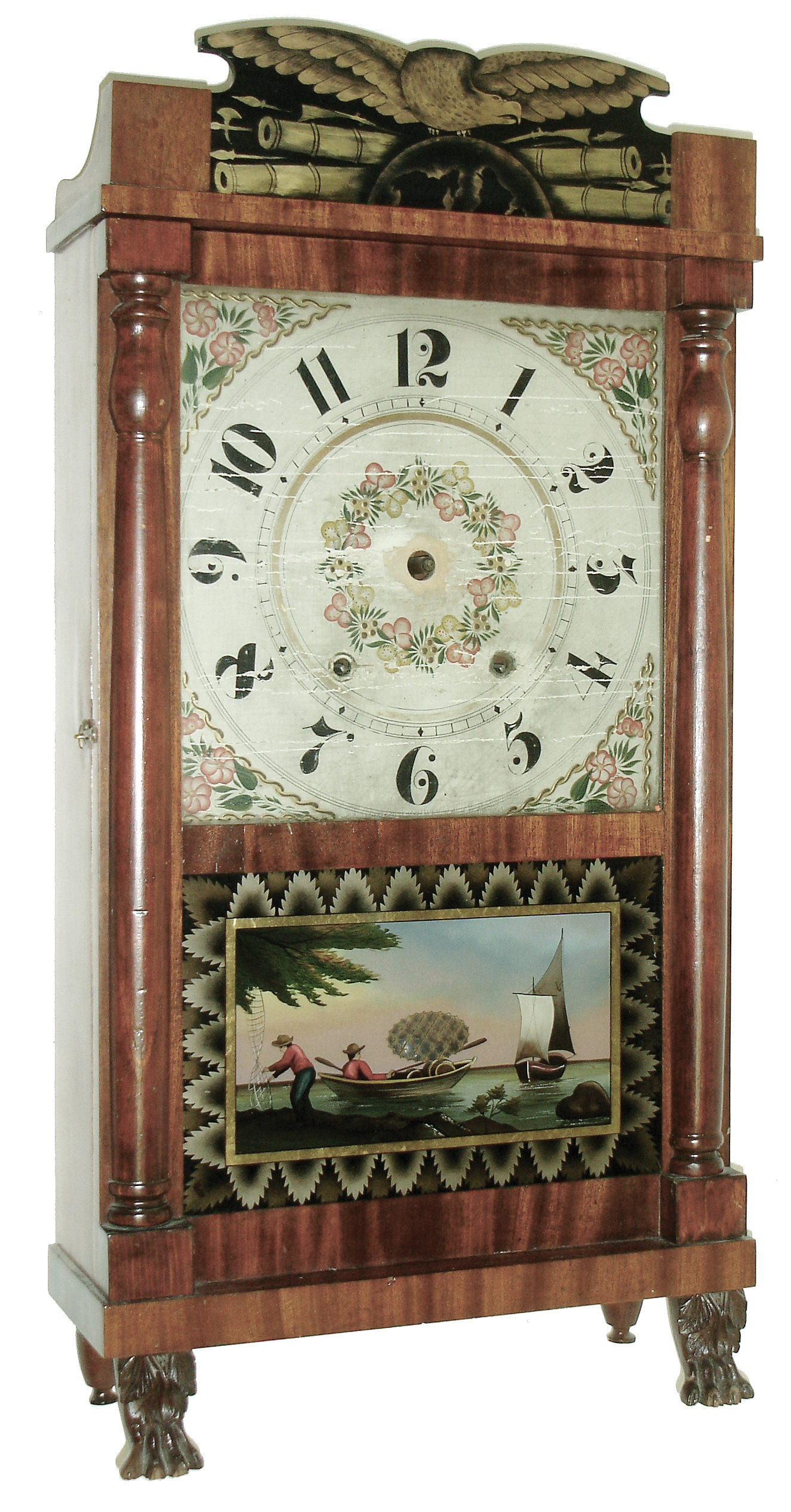 E. &amp; G. W. Bartholomew, Bristol, Conn., Short Half Column and Splat, shelf clock, 30 hours, time and strike, weight driven movement, mahogany veneer case, c1833. — Antique Clocks Price Guide