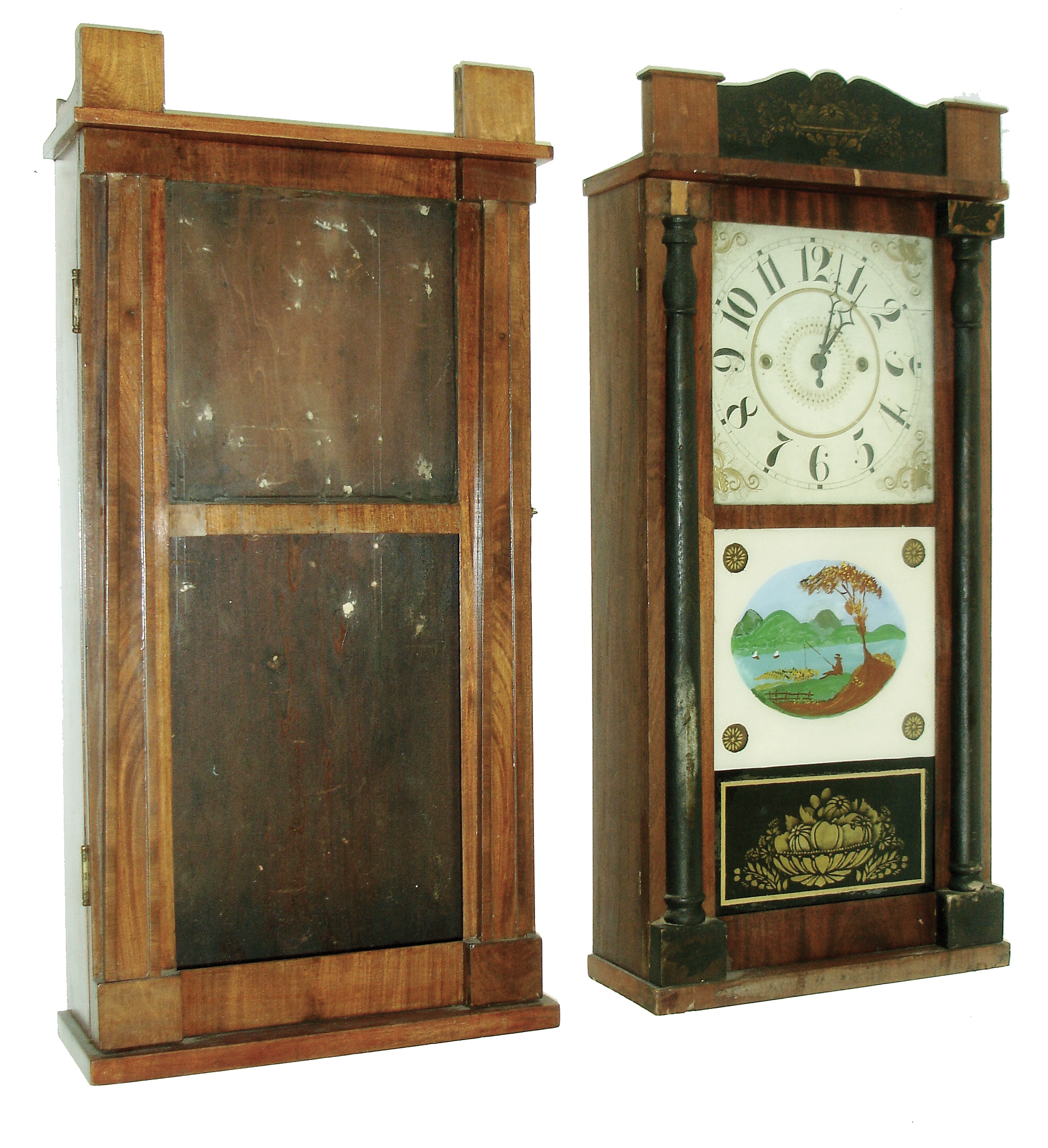Clocks- 5 (Five): (1) Riley Whiting, Winchester, Conn., 30 hours, time/strike, weight driven, wood movement short drop half column and splat shelf clock, ca 1830; (2) Riley Whiting, Winchester, Conn., 30 hours, time/strike, weight driven, wood movement short drop half column and splat shelf clock, ca 1830. (3) Unknown empty case, c1840; (4) Chauncey Jerome, New Haven, Conn., 30 Hour time/strike, weight driven, brass movement flat front shelf clock, c1850; (5) Chauncy Boardman, Bristol, Conn., 30 Hour time/strike, weight driven, wood movement (groaner) long drop half column and splat shelf clock, ca 1830; — Antique Clocks Price Guide
