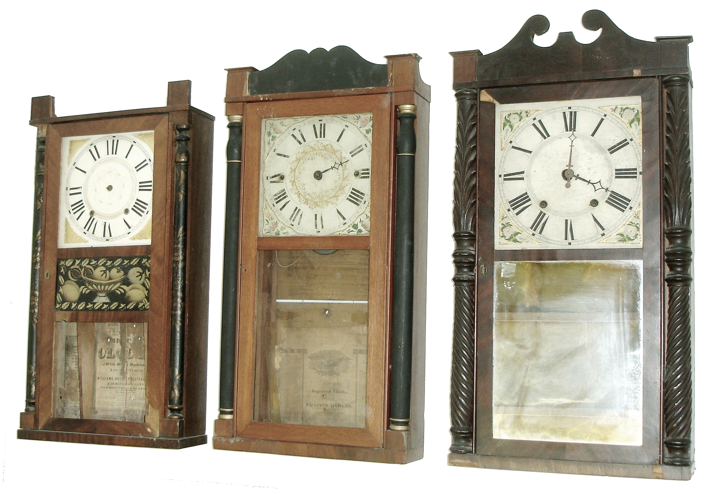 Clocks- 5 (Five): (1) Erastus Hodges, Torrington, Conn., 30 hours, time and strike, weight wood movement half column &amp; splat shelf clock, c135. (2) Solomon Stow, Southington, Conn., 30 hours, time and strike, weight wood movement half column &amp; splat shelf clock, c135. (3) Williams, Orton, PrestonÕs &amp; Co., Farmington, Conn., 30 hours, time and strike, weight wood movement half column &amp; splat shelf clock, c1840. (4) M. &amp; E. Blakeslee, Plymouth, Conn., 30 hours, time and strike, weight wood movement carved half columns and scroll top shelf clock, c132. (5) Forbes &amp; Tucker, Concord, NH, 30 hours, time, strike and alarm, weight wood movement column and splat shelf clock, dated 1841. — Antique Clocks Price Guide