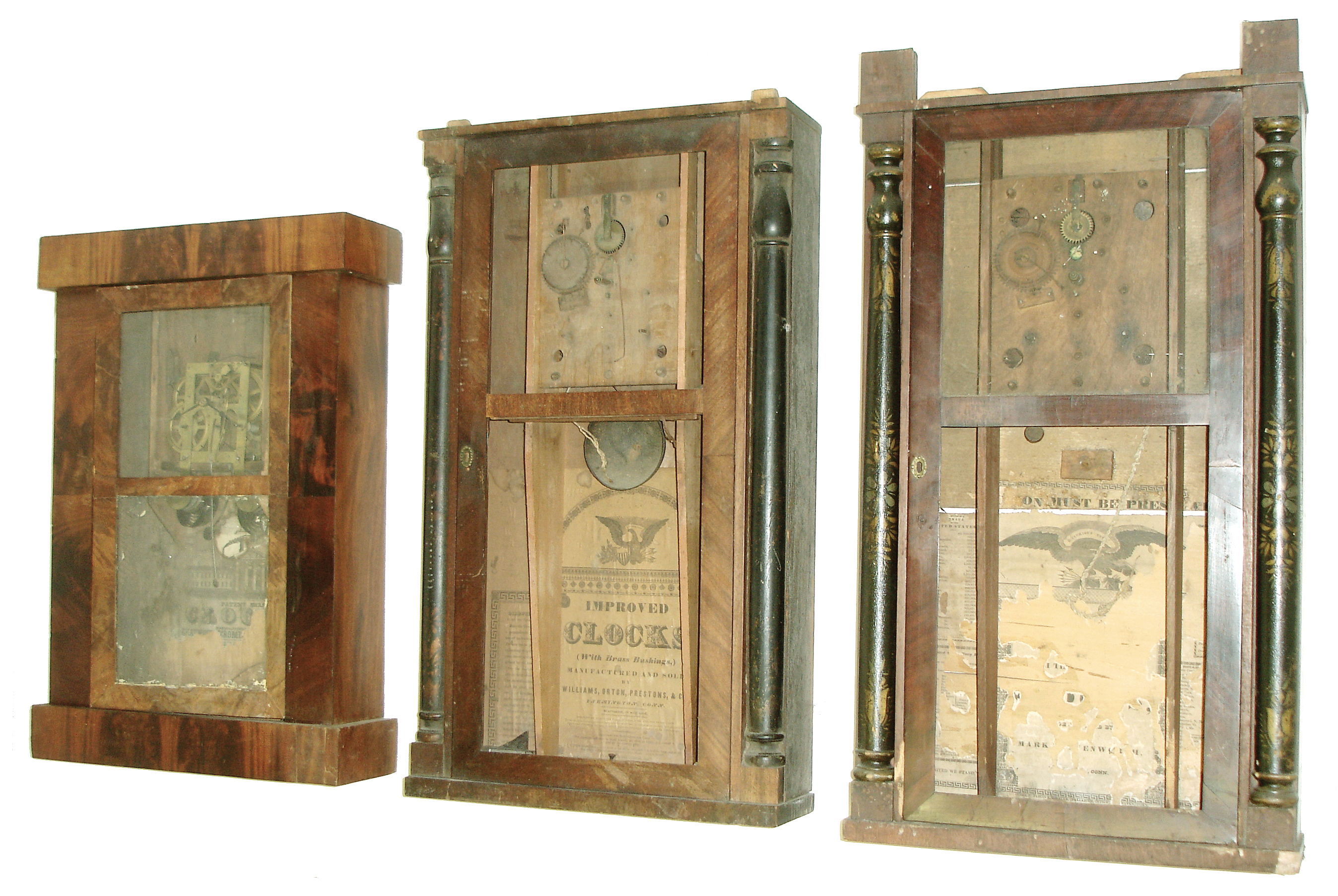 Clocks- 6 (Six): (1) Henry Terry, Plymouth, Conn., 30 hours, time and strike, weight wood movement quarter column &amp; splat shelf clock, c1830, (2) Hamilton Clock Co., Hamilton, Ontario, Canada, c1860. (3) Mark Leavenworth, Waterbury, Conn., 30 hours, time and strike, Terry-type weight wood movement half column &amp; splat shelf clock, c134. (4) Horace Burr, Dundas, U.C., Canada, 30 hours, time and strike, weight wood movement half column &amp; splat shelf clock, c135. (5) Williams, Orton, PrestonÕs &amp; Co., Farmington, Conn., 30 hours, time and strike, weight wood movement half column &amp; splat shelf clock, c1840. (6) Chauncey Jerome, New Haven, Conn., 30 hours, time and strike, fusee brass movement flat front Empire shelf clock, c1850. — Antique Clocks Price Guide