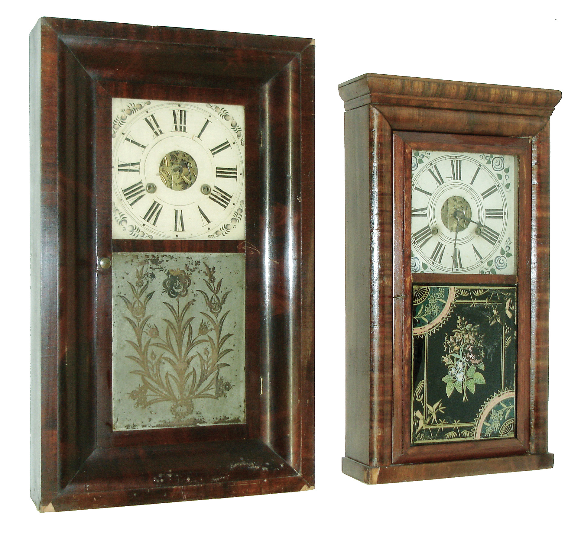 Clocks- 4 (Four): (1) Atkins &amp; Porter, Bristol, Conn., 30 hours, time and strike, weight driven, brass movement empire case shelf clock with cornice molding, c145; (2) Daniel Pratt, Reading, Mass., 30 hours, time &amp; strike, weight driven, column (triangular) and splat shelf clock, dated 1839; (3) Seth Thomas Clock Co., Plymouth Hollow, Conn., 30 hours, time and strike, weight driven, OG shelf clock. ca 1850. (4) Unknown, 8 days, weight driven, shelf clock in a rosewood veneered cornice and column case with gilt column caps. ca 1870. — Antique Clocks Price Guide