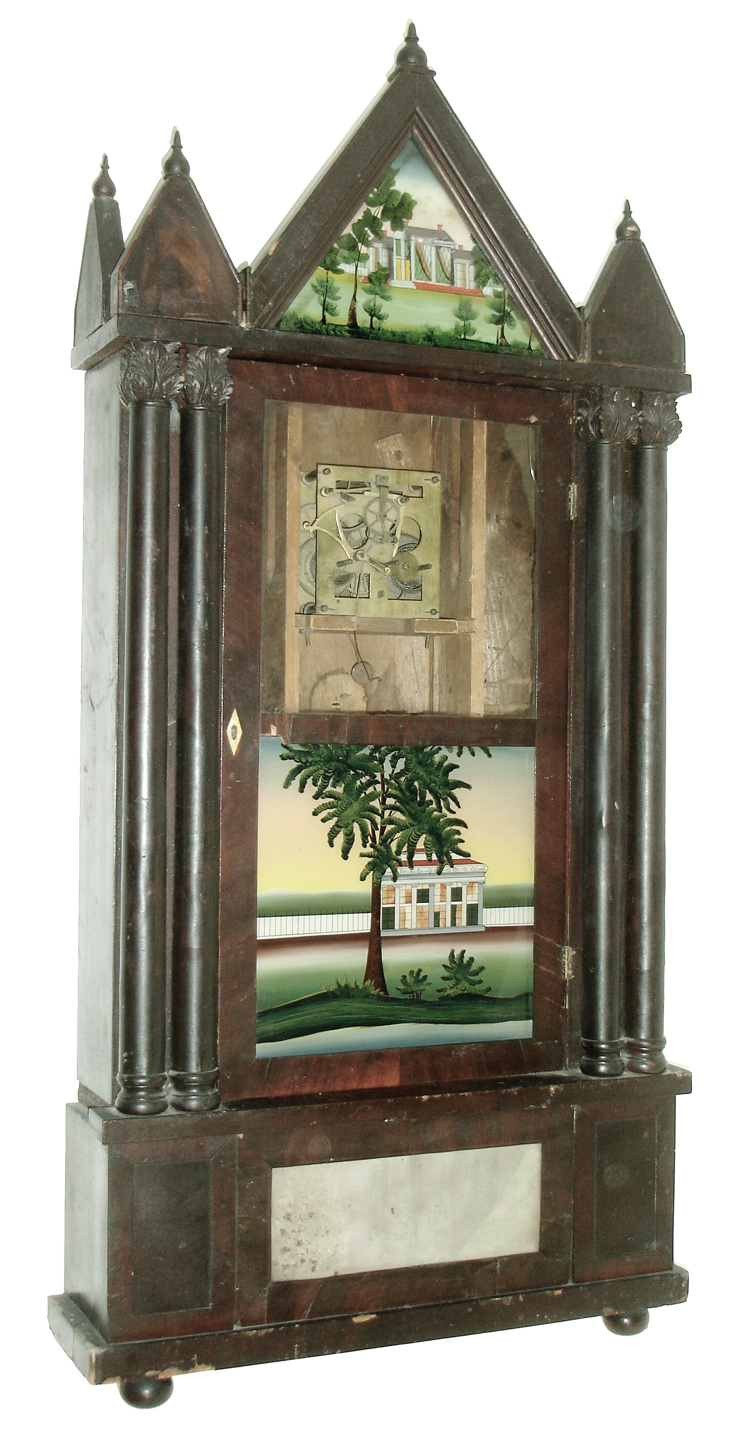 Spencer, Hotchkiss &amp; Co., Salem Bridge, Conn., 8 days, time and strike, weight brass movement Empire shelf clock, c1835 — Antique Clocks Price Guide