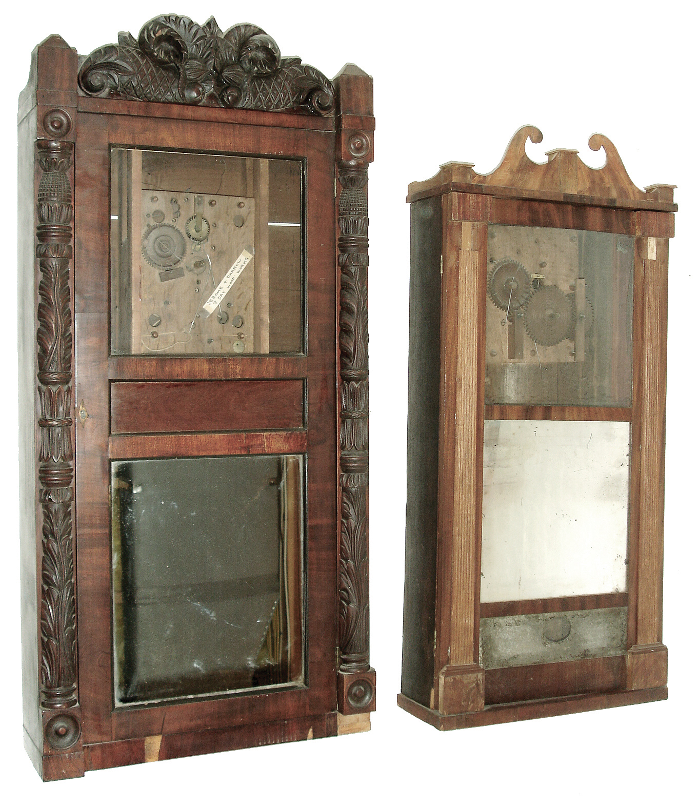 Clocks- 5 (Five): (1) Chauncey Boardman, Bristol, Conn., 30 hours, time and strike, weight wood movement Reeded Pilaster &amp; Scroll top shelf clock, c128. (2) Jeromes &amp; Darrow, Bristol, Conn., time and strike, weight wood movement carved column &amp; splat shelf clock, c1830. (3) Jeromes &amp; Darrow, Bristol, Conn., 8 days, time and strike, weight wood movement half column &amp; splat shelf clock, c1830. (4) C. &amp; L.C. Ives, Bristol, Conn., 8 days, time and strike, weight brass movement triple decker shelf clock, c135. (5) Munger &amp; Benedict (?), Auburn, NY empty case, c135. — Antique Clocks Price Guide