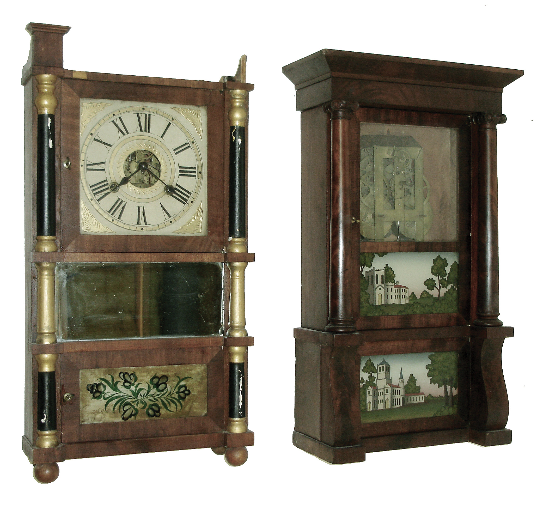 Clocks- 2 (Two): (1) Brewster &amp; Ingrahams, Bristol, Conn., 8 days, time and strike, brass movement (KirkÕs Patent} in diminutive mahogany veneer cornice &amp; full column shelf case, ca 1845, (2) Birge, Mallory &amp; Co., Bristol, Conn., 30 hours, time and strike, strap brass movement in a miniature triple decker mahogany veneer case with gilt caps and columns, ca 1842. — Antique Clocks Price Guide