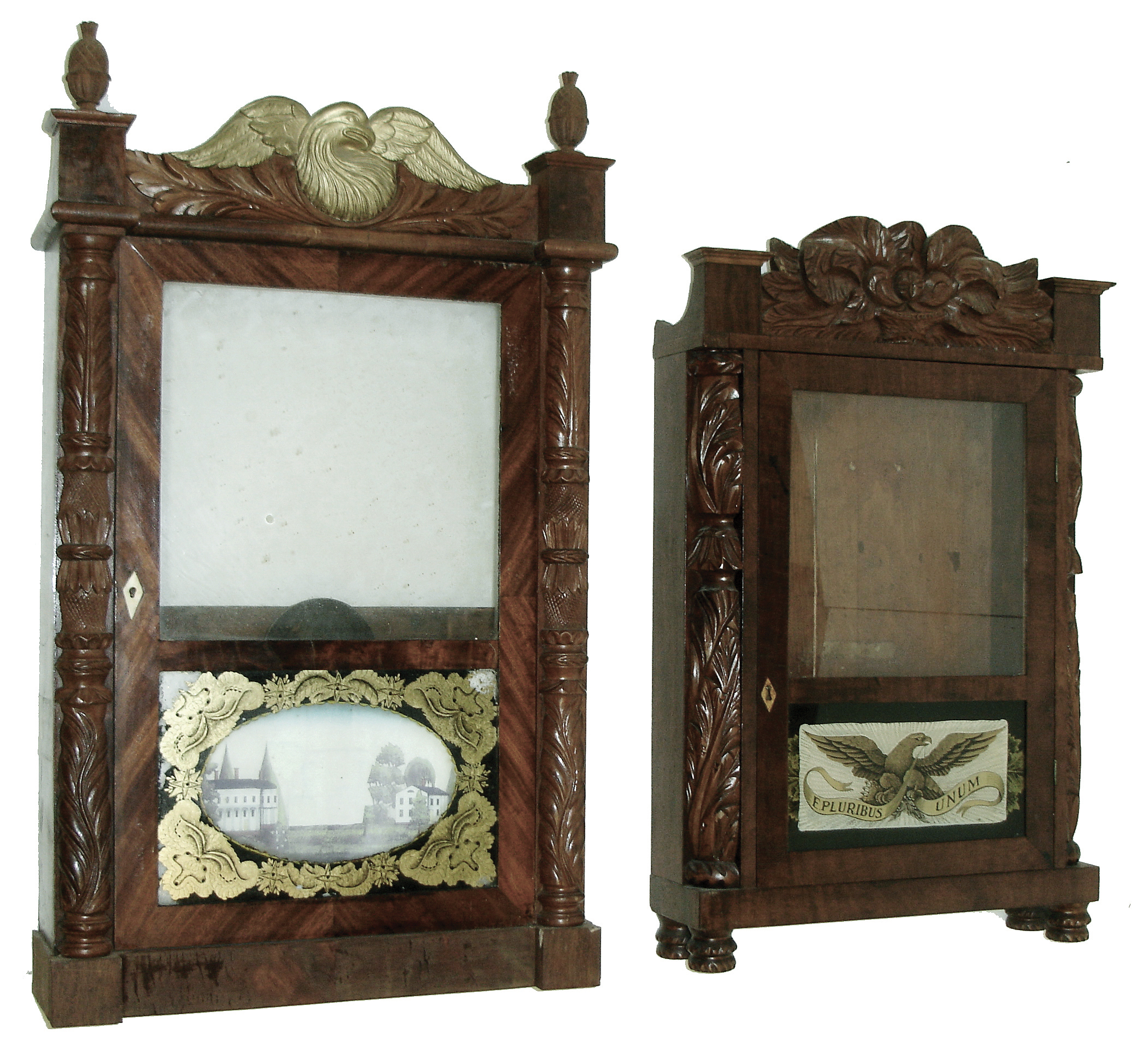 Clocks- 5 (Five): (1) Daniel Pratt, Reading, Mass., 30 hours, time and strike, weight wood movement shelf clock, c1839 (2) Riley Whiting, Winchester, Conn., 30 hours, time and strike, weight wood movement empty shelf clock case, c1830. (3) E. Terry &amp; Sons, Plymouth, Conn., 30 hours, time and strike, weight wood movement empty shelf clock case, c1830. (4) Bishop &amp; Bradley, Watertown, Conn., Carved column &amp; splat empty shelf clock case, c1830.(5) Unknown, Carved column and splat empty shelf clock, c1830. — Antique Clocks Price Guide