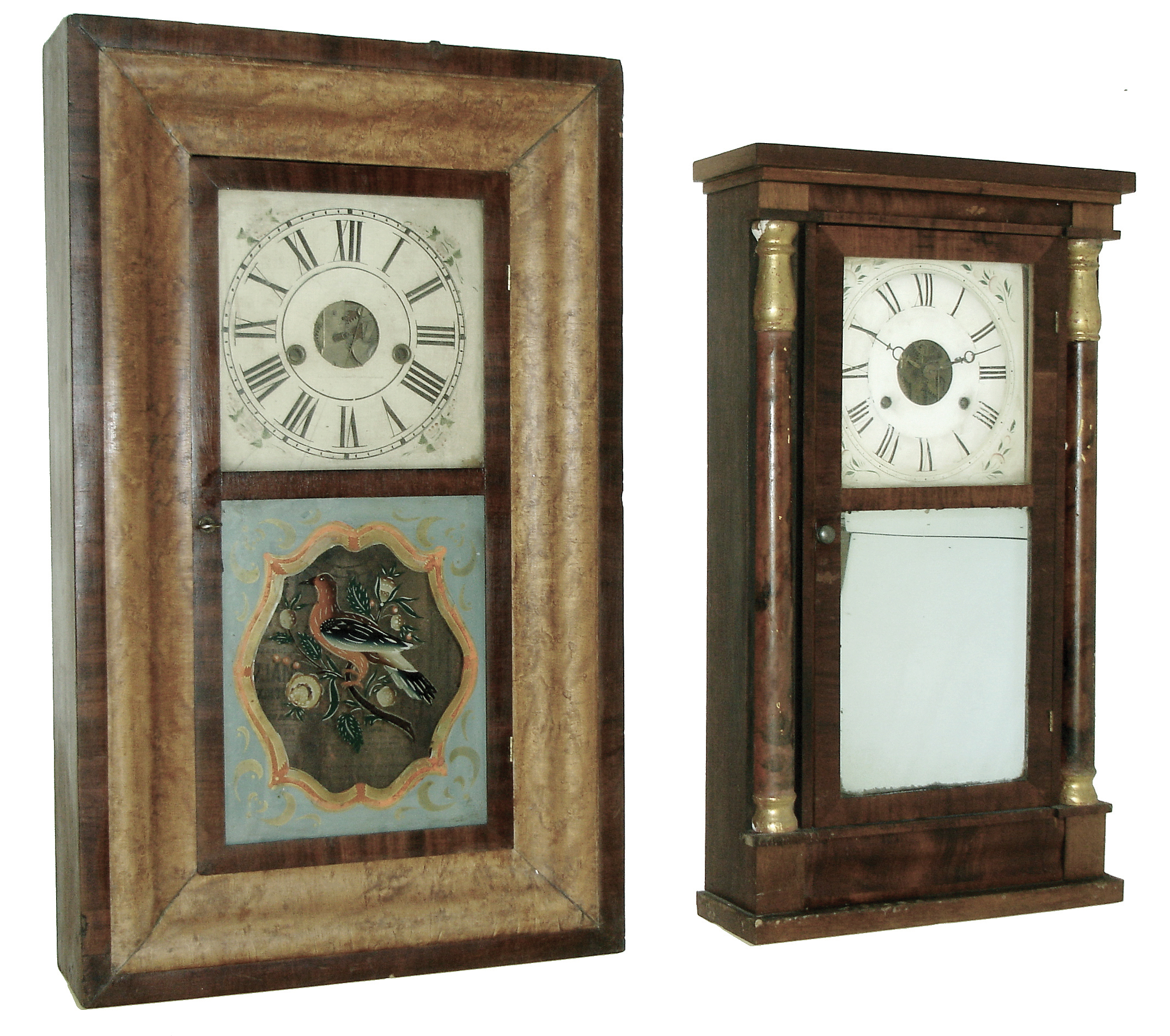 Clocks- 4 (Four): (1) Atkins, Porter &amp; Co., Bristol, Conn., 30 hours, time and strike, weight driven, brass movement in a reverse OG case with cornice molding in rosewood veneer, c144, (2) William S. Johnson, 16 Courtlandt St., New York, 8 days, time and strike, weight driven, brass movement by Forestville Mfg. Co., (Bristol) in an OG case with mahogany and birds eye maple veneer, c146. (3) Seth Thomas Clock Co., Plymouth Hollow, Conn., mahogany ÒShell columnÓ model, 30 hours, time and strike, weight driven, brass movement with faux tortise shell half columns with gilt caps, c1855. (4) Unknown (possibly Jerome) round sided case with an Atkins and Porter, 30 hours, time and strike, weight driven, brass movement, — Antique Clocks Price Guide