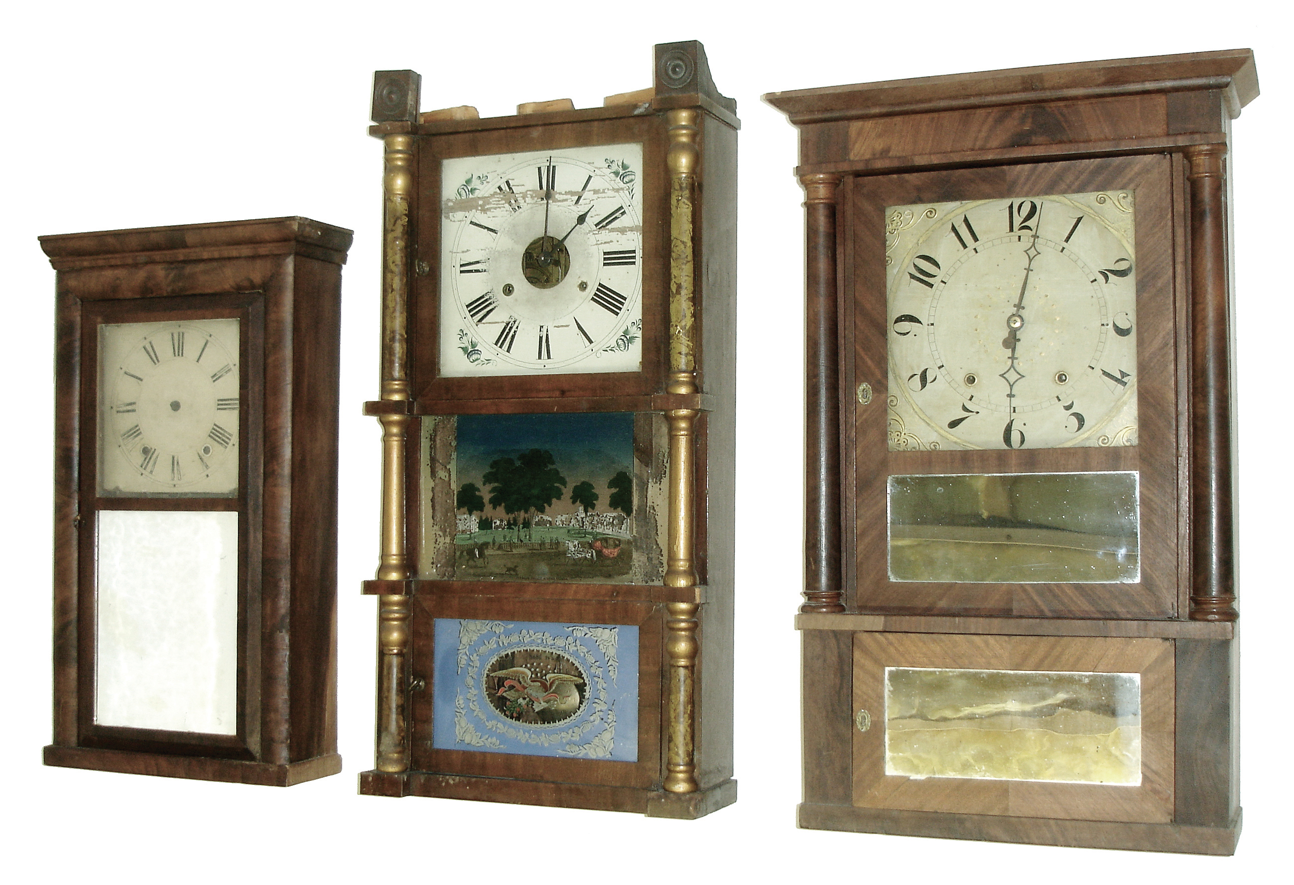 Clocks- 5 (Five): (1) L. &amp; F. Andrews, Bristol, Conn., 30 hours, time and strike, weight wood movement Empire shelf clock, c145. (2) Birge &amp; Fuller, Bristol, Conn., 8 days, time and strike, weight brass movement triple decker shelf clock, c1840. (3) Riley Whiting, Winchester, Conn., 8 days, time and strike, weight wood movement triple decker shelf clock, c135. (4) Williams, Orton, PrestonÕs &amp; Co., Farmington, Conn., 30 hours, time and strike, weight wood movement column and cornice shelf clock, c1840. (5) Unknown, carved column and splat empty clock case. — Antique Clocks Price Guide