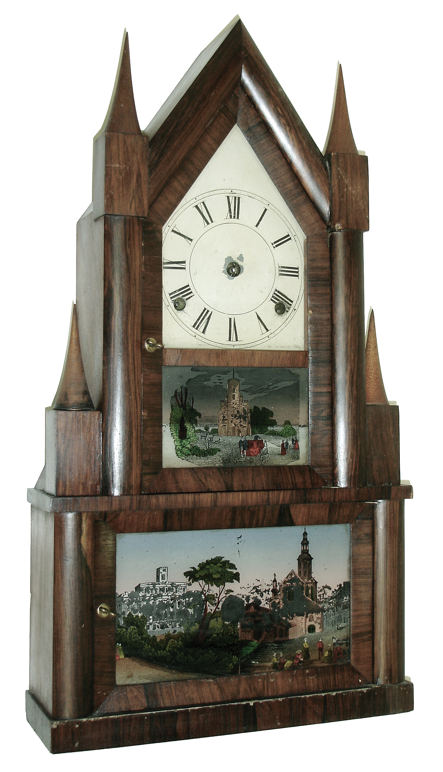 Elisha Manross, Bristol, Conn., 8 days, time and strike, strap brass movement with fusee power in a rosewood veneered steeple on steeple case, c1848. — Antique Clocks Price Guide