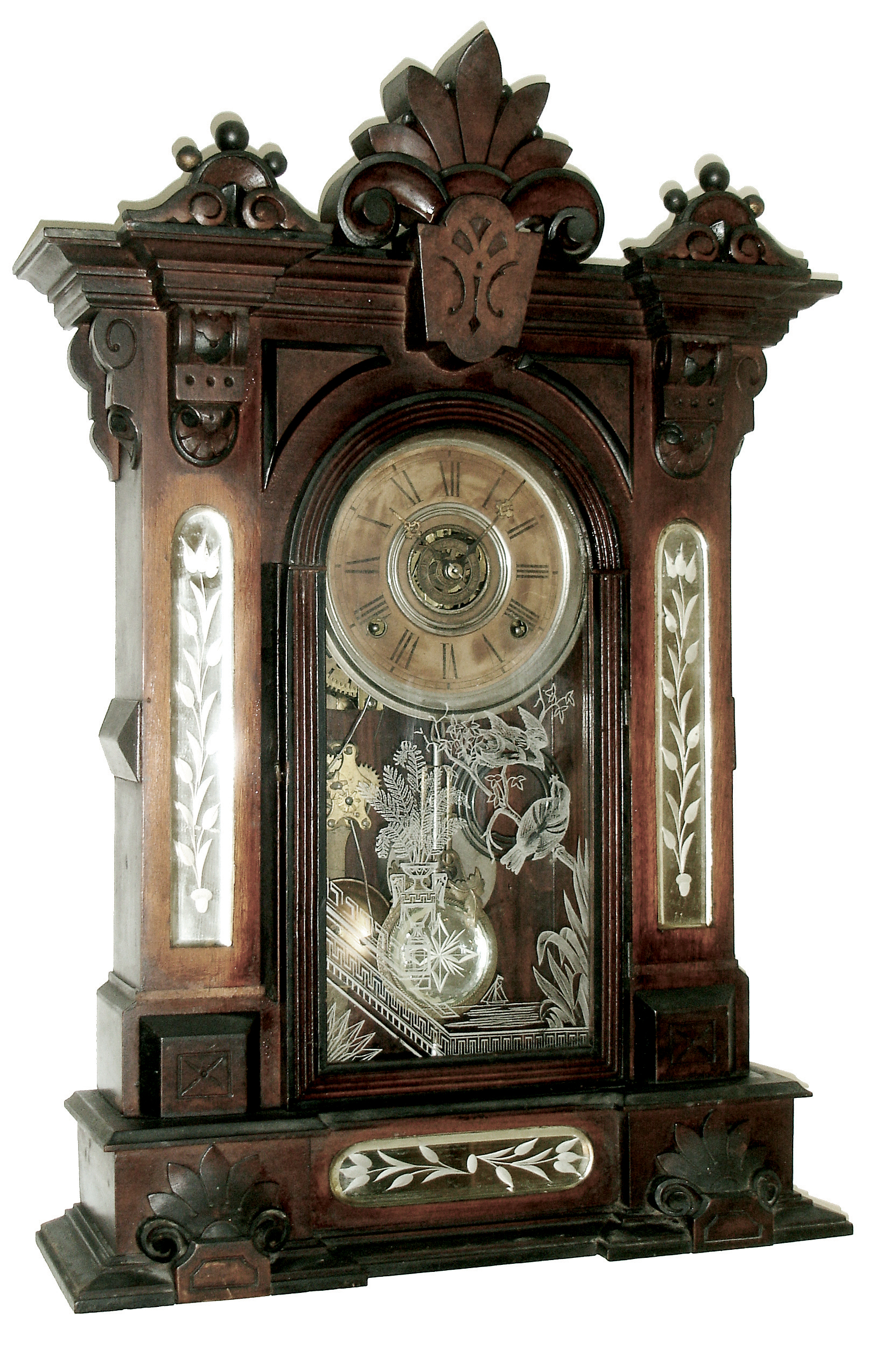 William L. Gilbert Clock Co., Winsted, Conn., ÒAmphionÓ model, 8 days, time, strike and alarm, spring driven, shelf clock in a walnut case with cut glass mirror panels in sides and base, c1885. — Antique Clocks Price Guide
