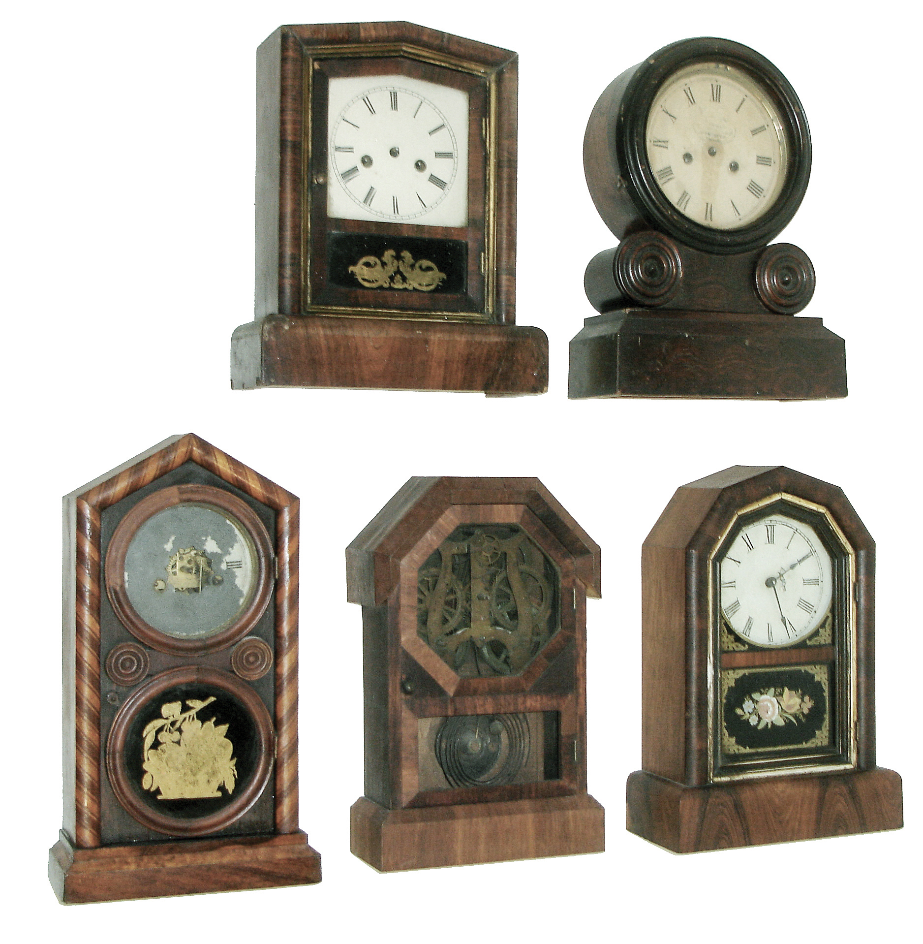 Clocks- 5 (Five) (1) E. Ingraham &amp; Co., Bristol, Conn., ÒGrecianÓ, 30 hours, time &amp; strike, spring driven, brass movement in rosewood veneered case. c1875; (2) E. Ingraham &amp; Co., Bristol, Conn., ÒMosaic Front DoricÓ, 30 hours, time &amp; strike, spring driven, brass movement in a rosewood and maple case with striped banding, c1875. (3) Welch, Spring &amp; Co., Forestville, Conn., ÒPeerlessÓ, 30 hours, time &amp; strike, spring driven, brass movement in a rosewood veneered case. Ca 1875. (4) New Haven Clock Co., New Haven, Conn., ÒOctagon PrizeÓ, 8 days, time and strike, spring driven, brass movement in a rosewood veneered case, c1878. (5) Seth Thomas Clock Co., Thomaston, Conn., ÒOctagon TopÓ, 8 days, spring driven, time and strike, brass movement in a rosewood veneered case. Ca 1875. — Antique Clocks Price Guide