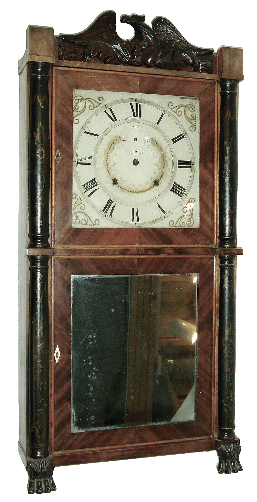 Henry Terry, Plymouth, Conn., 8 days, time and strike, mahogany plate weight-driven wood movement column and carved splat shelf clock, c1830 — Antique Clocks Price Guide