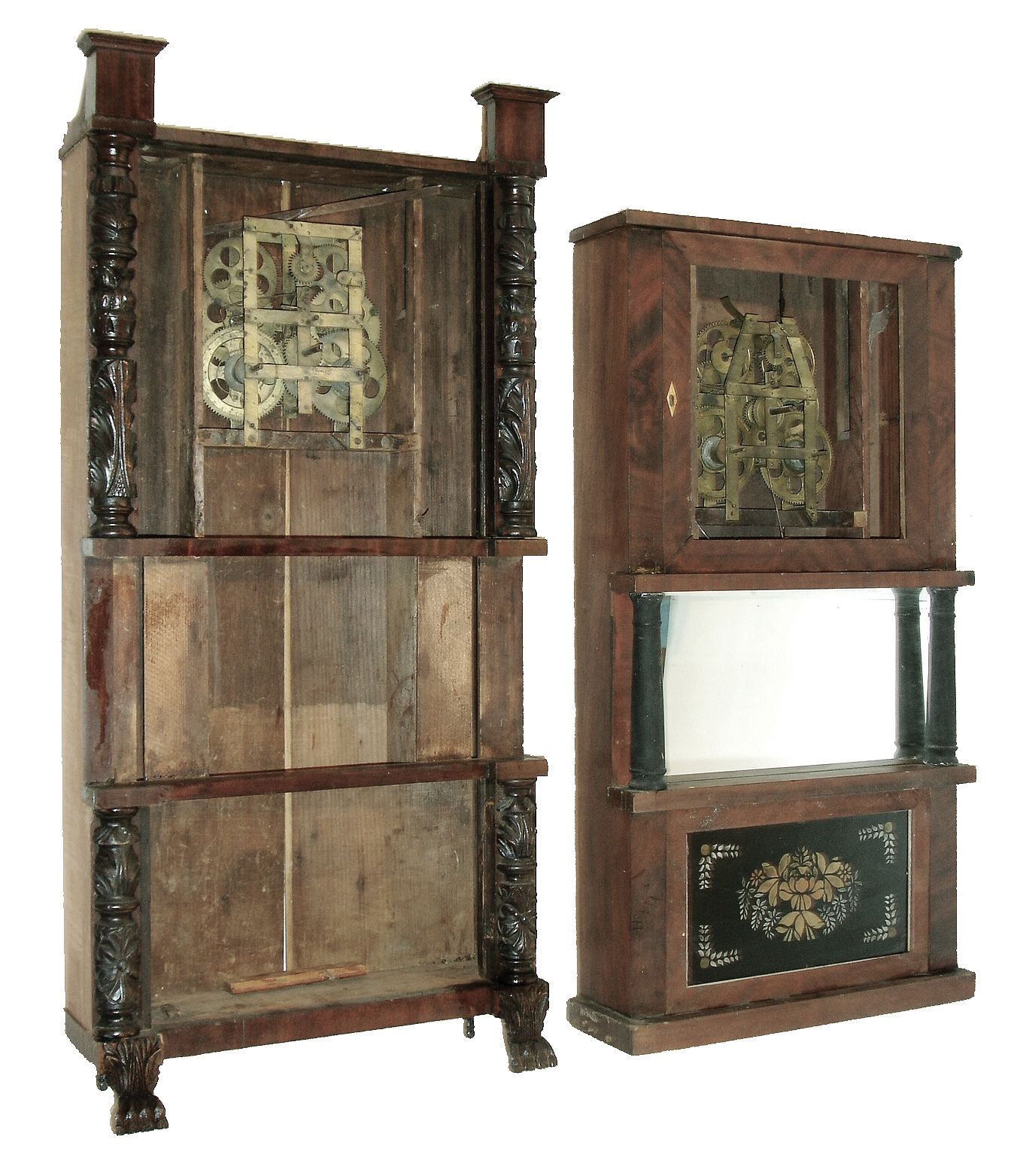 Clocks- 4 (Four): (1) Unknown (probabably an early Birge firm) 8 days, time and strike, rivited strap, rolling pinion weight-driven brass movement triple decker shelf clock with carved columns and paw feet, c1830. (2) C. &amp; L.C. Ives, Bristol, Conn., 8 days, time and strike, rivited strap, rolling pinion, weight-driven brass movement triple decker shelf clock, c135.(3) Unknown, four column OG style New York style empty clock case, c145. (4) Birge &amp; Fuller, Bristol, Conn., 8 days, time and strike, later strap brass, rolling pinion, weight-driven brass movement column &amp; cornice shelf clock, c148. — Antique Clocks Price Guide