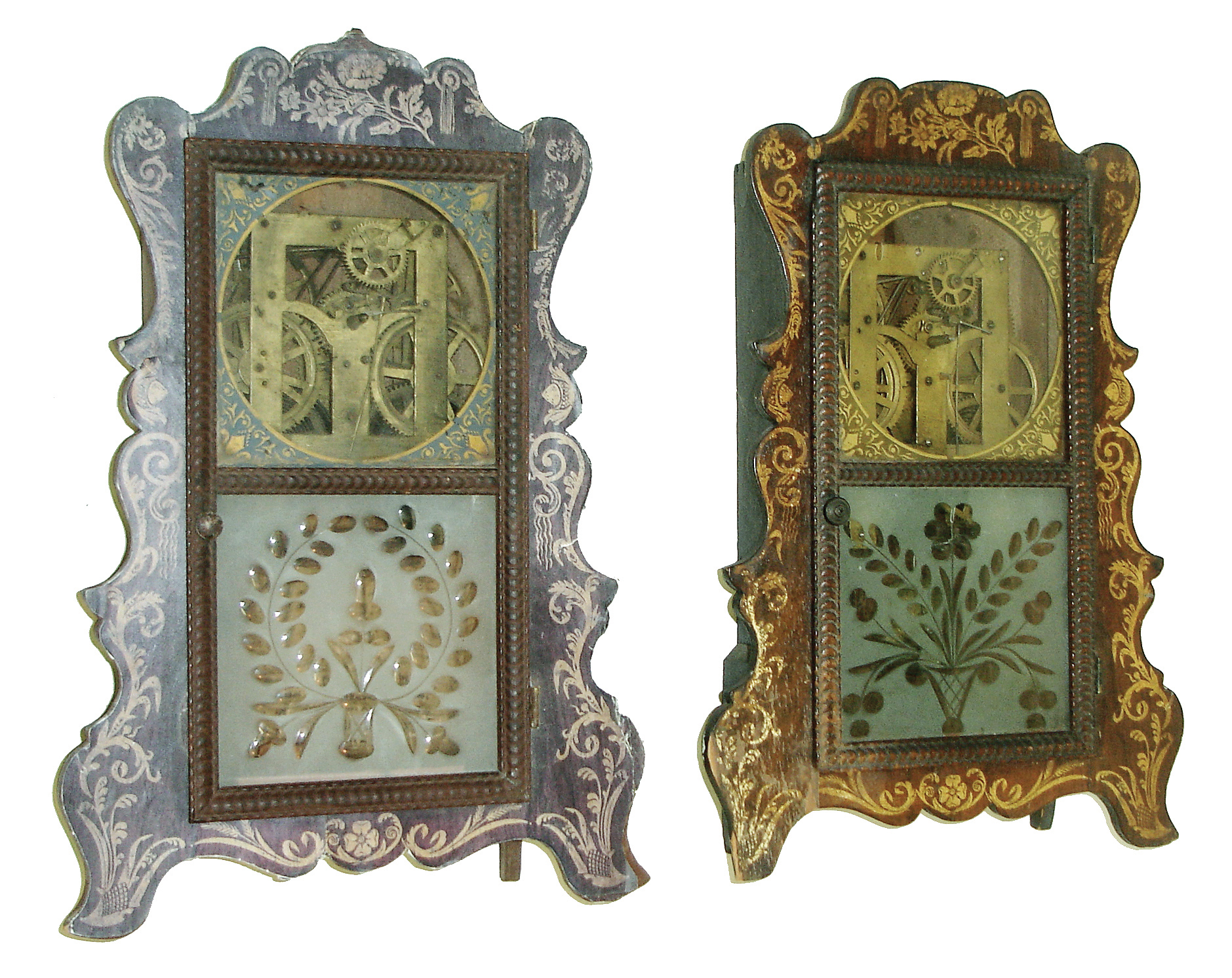 Clocks- 2 (Two): (1) E. &amp; A. Ingraham, Bristol, Conn., 8 days, spring driven, time and strike, brass movement in a stenciled scroll front shelf clock with ripple molding door. c1854, (2). E. &amp; A. Ingraham, Bristol, Conn., 8 days, spring driven, time &amp; strike brass movement in a stenciled scroll front shelf clock with ripple molding door. c1854. — Antique Clocks Price Guide
