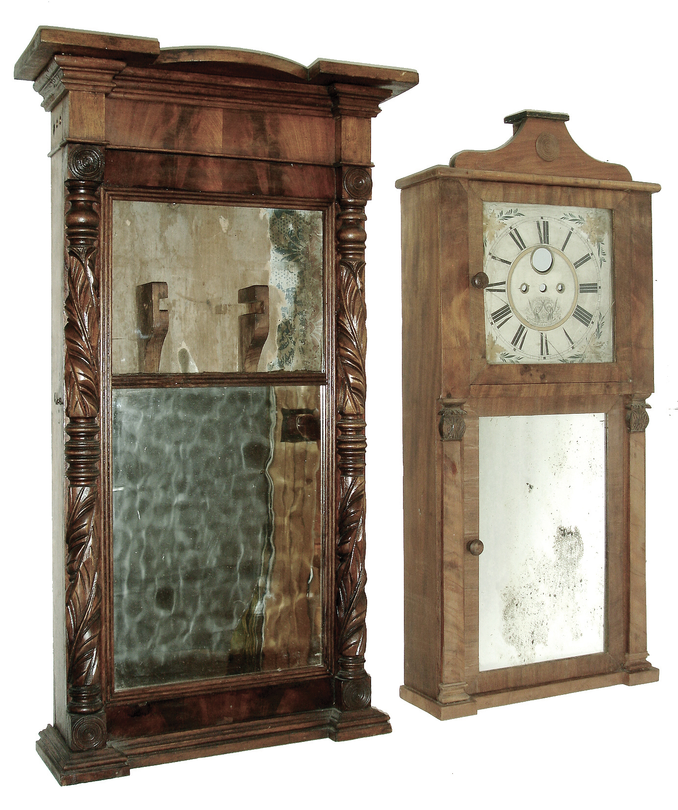 Clocks- 3 (Three): (1) Hotchkiss &amp; Benedict, Auburn, NY, column empty case shelf clock (2) Asa Munger, Auburn, NY, Ironing board top empty shelf clock case. (3) Asa Munger, Auburn, NY, Ironing board top empty shelf clock case. — Antique Clocks Price Guide