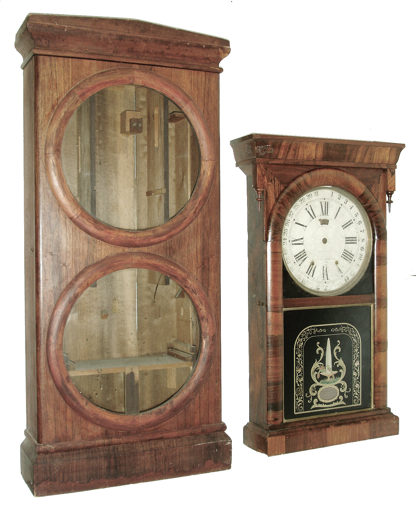 Clocks- 5 (Five): (1) Ansonia Brass &amp; Copper Co., Ansonia, Conn. 8 days, time and strike, weight brass calendar movement shelf clock, c1870; (2) Seth Thomas, Thomaston, Conn., ÒOffice Calendar No. 2Ó empty case double dial calendar clock, c1870; (3) New Haven Clock, New Haven, Conn., 8 days, time and strike, small column &amp; cornice shelf clock, c1860. (4) Brewster &amp; Ingrahams, Bristol, Conn., 8 days, time and strike, small column &amp; cornice shelf clock, c152. (5) Ansonia Clock Co., Ansonia, Conn., 8 days, time and strike, mahogany veneered case small OG shelf clock, c1875 — Antique Clocks Price Guide