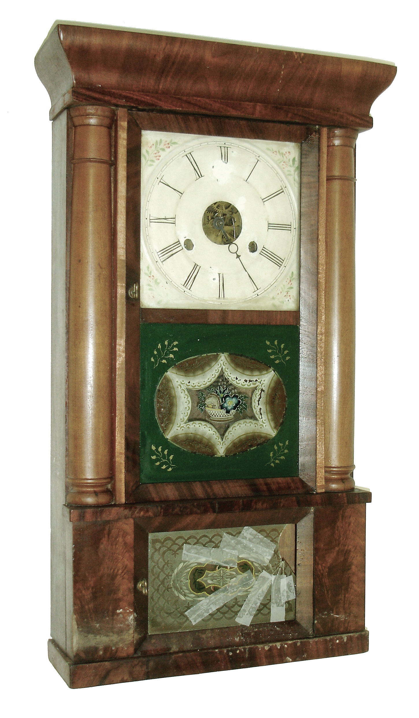 Clocks- 5 (Five) American shelf clocks: (1) Chauncey Jerome, New Haven, Conn., 30 hours, time and strike, weight brass movement column and cornice shelf clock, c1850; (2) E. N. Welch, Forestville, Conn., 8 days, time and strike, spring brass movement round gothic or beehive clock, c1860; (3) Seth Thomas Clock Co., Thomaston, Conn., ÓCambridgeÒ, 8 days, time and strike, brass spring movement pillar &amp; scroll shelf clock, c1928; (4) Hiram Welton, Terrysville, Plymouth, Conn., scarce 30 hours, alarm timepiece in diminutive half column &amp; splat shelf case, c1840; (5) George V. House, 107 Fulton St., New York, N.Y., ÓNY Style 4 ColumnÒ, shelf clock, 30 hours, time and strike, weight driven movement, rosewood veneer case, c1845 — Antique Clocks Price Guide