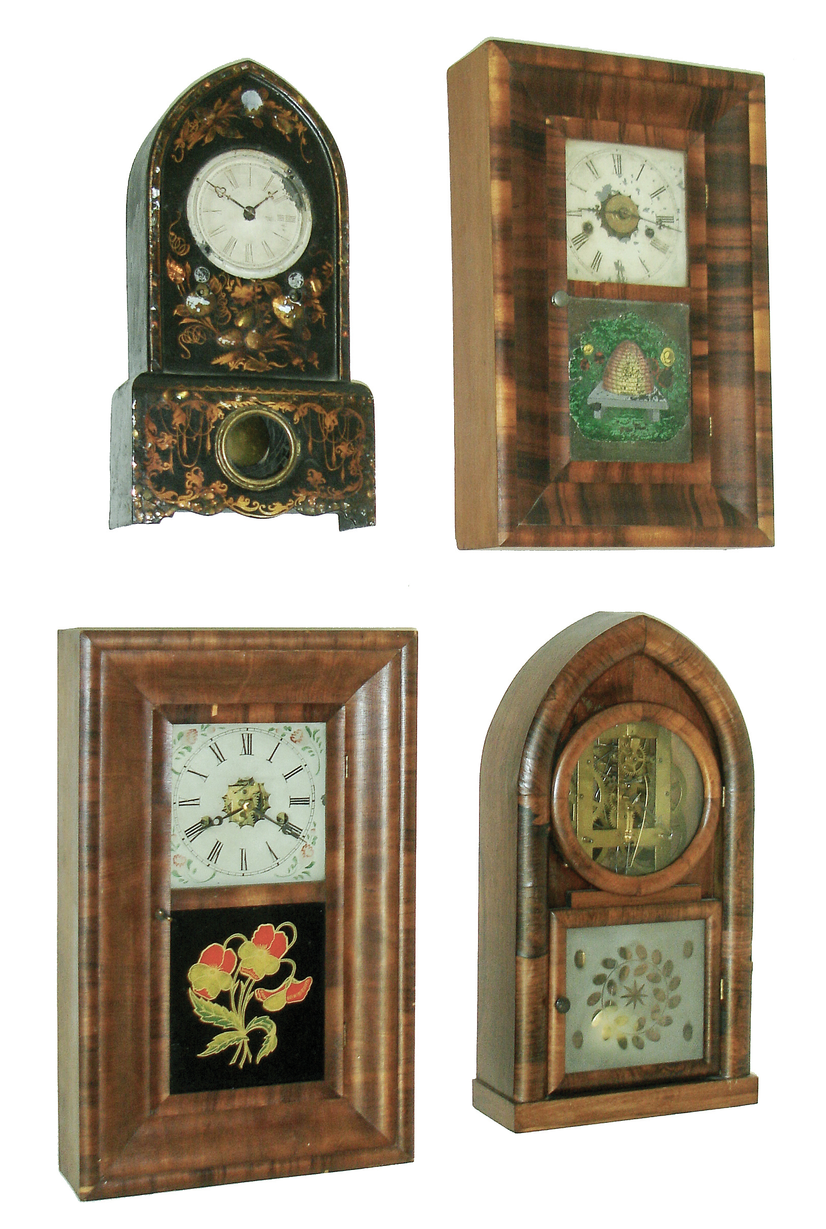 Clocks- 4 (Four): (1) New Haven Clock Co., New Haven, CT ÒMiniature O. O. G.Ó with spring driven, 30 hours, time &amp; strike brass movement in a mahogany case. c1870. (2) E. N. Welch, Forestville, Conn., ÒMiniature O. O. G.Ó with spring driven, 30 hours, time &amp; strike brass movement in a mahogany case, c1870. (3) J. C. Brown, Bristol, Conn., ÒBeehiveÓ with spring driven, 8 days, time &amp; strike movement in a rosewood veneered case. c1855. (4) Unknown iron case shelf clock with unmarked, 8 days, spring driven, brass time &amp; strike movement. c1850. — Antique Clocks Price Guide