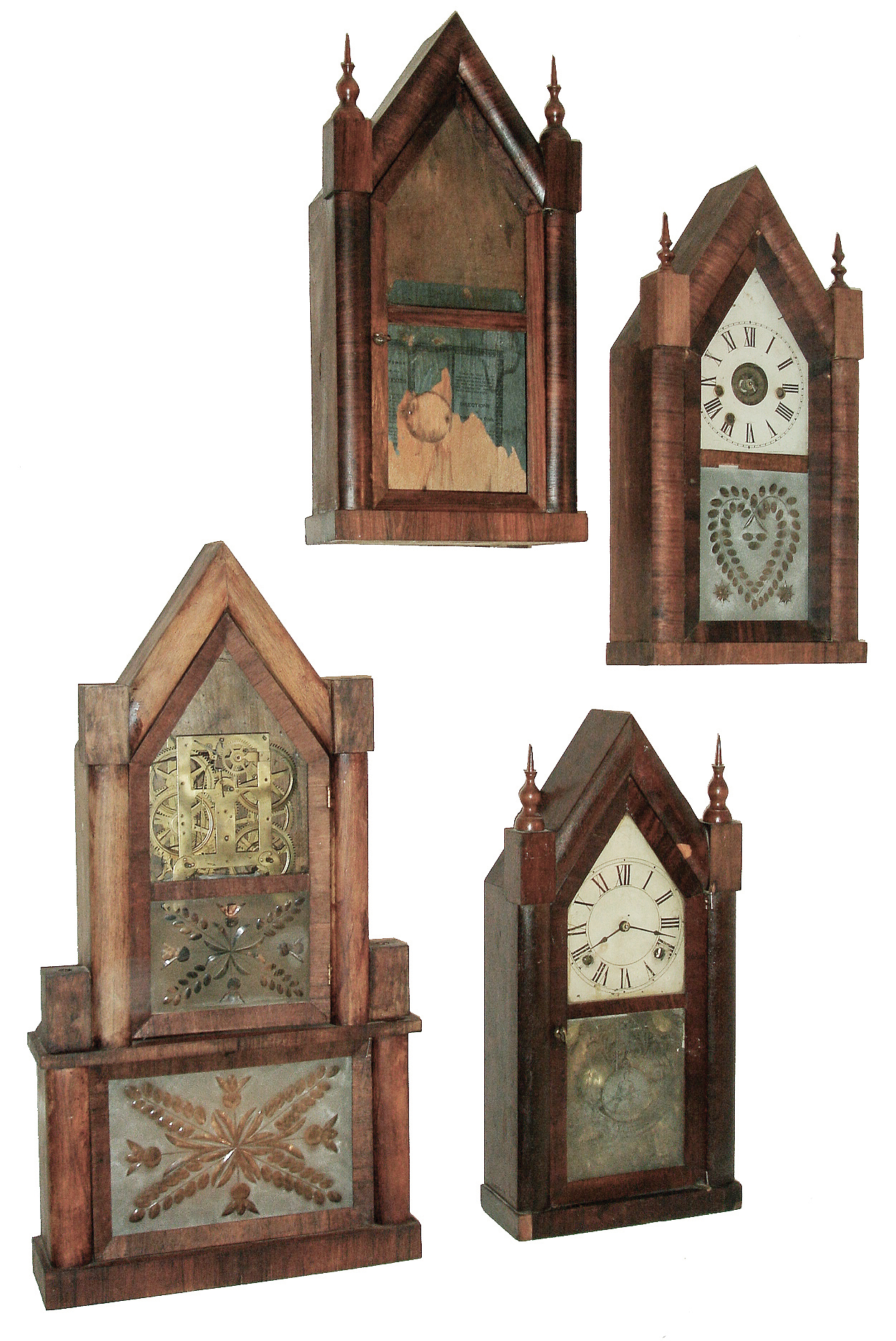 Clocks- 4 (Four): (1) Chauncey Boardman, Bristol, Conn., 30 hours, time and strike, spring brass fusee movement Sharp Gothic or Steeple clock, c1850. (2) Unknown, Rosewood veneered Sharp Gothic or Steeple clock case. (3) Brewster &amp; Ingrahams, Bristol, Conn., 30 hours, time, strike and alarm, spring fusee movement Sharp Gothic or Steeple clock. (4) Unknown, 8 days, time and strike, brass movement steeple on steeple case. — Antique Clocks Price Guide