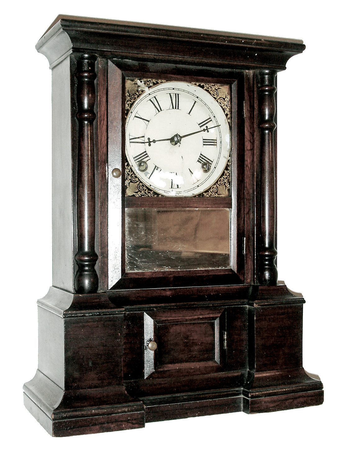 Clocks- 3 (Three) Connecticut shelf clocks: (1) Atkins Clock Co., Bristol, Conn., ÓLondonÒ, 8 days, time and strike, spring brass movement shelf clock, c1865; (2) Seth Thomas, Plymouth Hollow, Conn., 8 days, time and strike, spring brass movement small four column shelf clock. Sometimes referred to as a New York style case, c1850; (3) Waterbury Clock Co., Waterbury, Conn., ÓOxfordÒ, 8 days, time and strike, mirror side walnut mantel clock, c1881 — Antique Clocks Price Guide