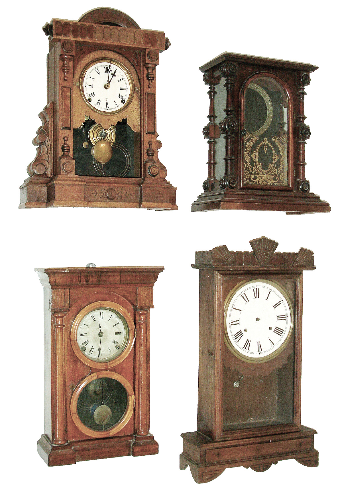 Clocks- 4 (Four): (1) Welch, Spring &amp; Co. Forestville, Conn., ÓGersterÒ, 8 days, shelf clock case (only), c1880 (2) E. Ingraham &amp; Co., Bristol, Conn., ÓArch topÒ, 8 days, time and strike, spring brass movement mantel clock, c1870. (3) Jerome &amp; Co., New Haven, Conn., 8 days, time and strike, spring brass fusee movement shelf clock, c1890 (4) E. Ingraham &amp; Co., Bristol, Conn., ÓWarwickÒ, 8 days, time and strike, spring brass movement mantel clock, c185. — Antique Clocks Price Guide