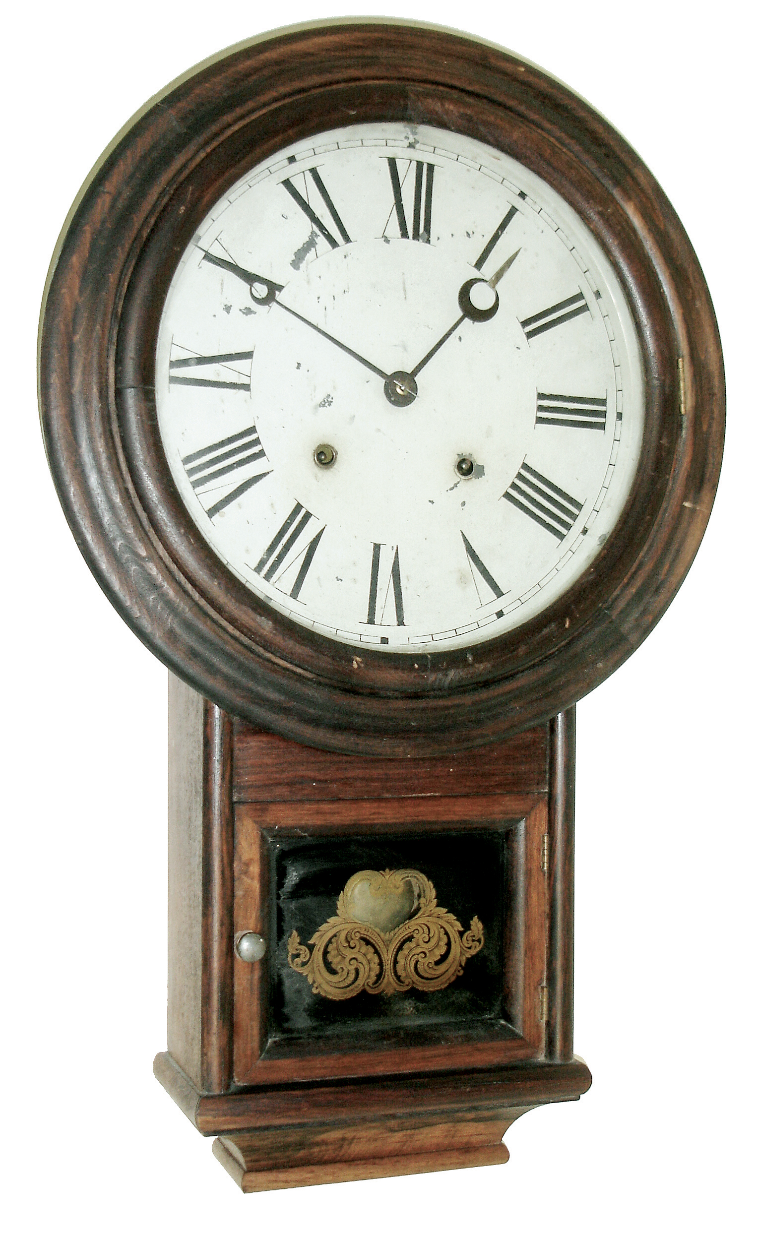 Welch, Spring &amp; Co., Forestville, Conn., ÓRound Top DropÒ, 8 days, spring driven, time and strike, brass movement in a rosewood veneered case. c1869. — Antique Clocks Price Guide