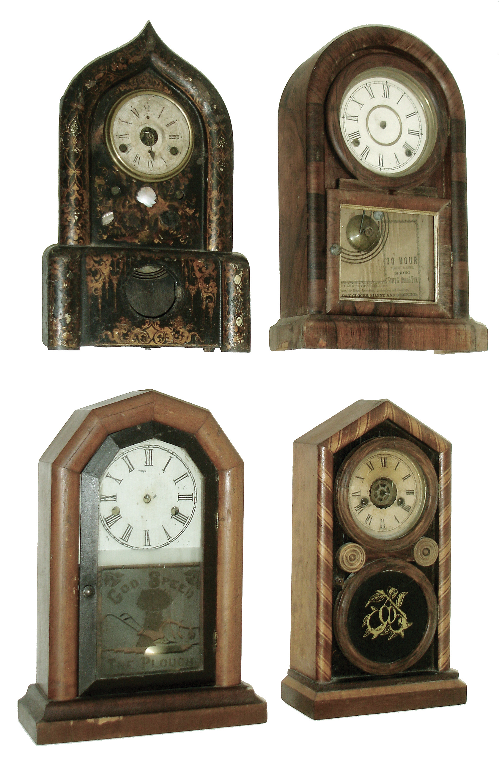 Clocks- 4 (Four): (1) Ansonia Brass &amp; Copper Co., Ansonia, Conn., ÓRoman Round TopÒ, 8 days, spring driven, time &amp; strike brass movement in a rosewood veneered case. c1877. (2) E. Ingraham &amp; Co., Bristol, Conn., ÓDoric, MosaicÒ with 30 hours, time &amp; strike, spring driven, brass movement, c1874. (3) Hamilton Clock Co., Hamilton, Ontario, Octagon Top cottage clock with a, 30 hours, time &amp; strike, spring driven movement, c1900; (4) W. L. Gilbert &amp; Co. Winsted, Conn., ÓIron FrontÒ with spring driven, 8 days, time and strike, movement. c1855. — Antique Clocks Price Guide