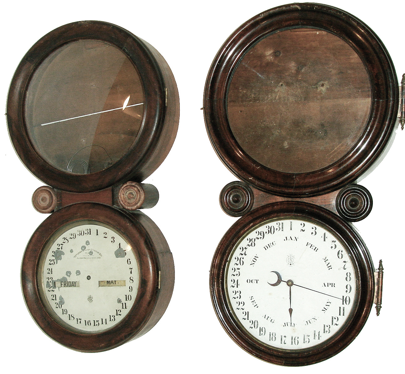 Clocks- 2 (Two): (1) Waterbury Clock Co., Waterbury, Conn., ÓCalendar No. 34Ò, 8 days, double dial calendar wall clock case, c1883. (2) E. Ingraham &amp; Co., Bristol, Conn., ÓIonic CalendarÒ, 8 days, double dial calendar wall clock case, c1885. — Antique Clocks Price Guide