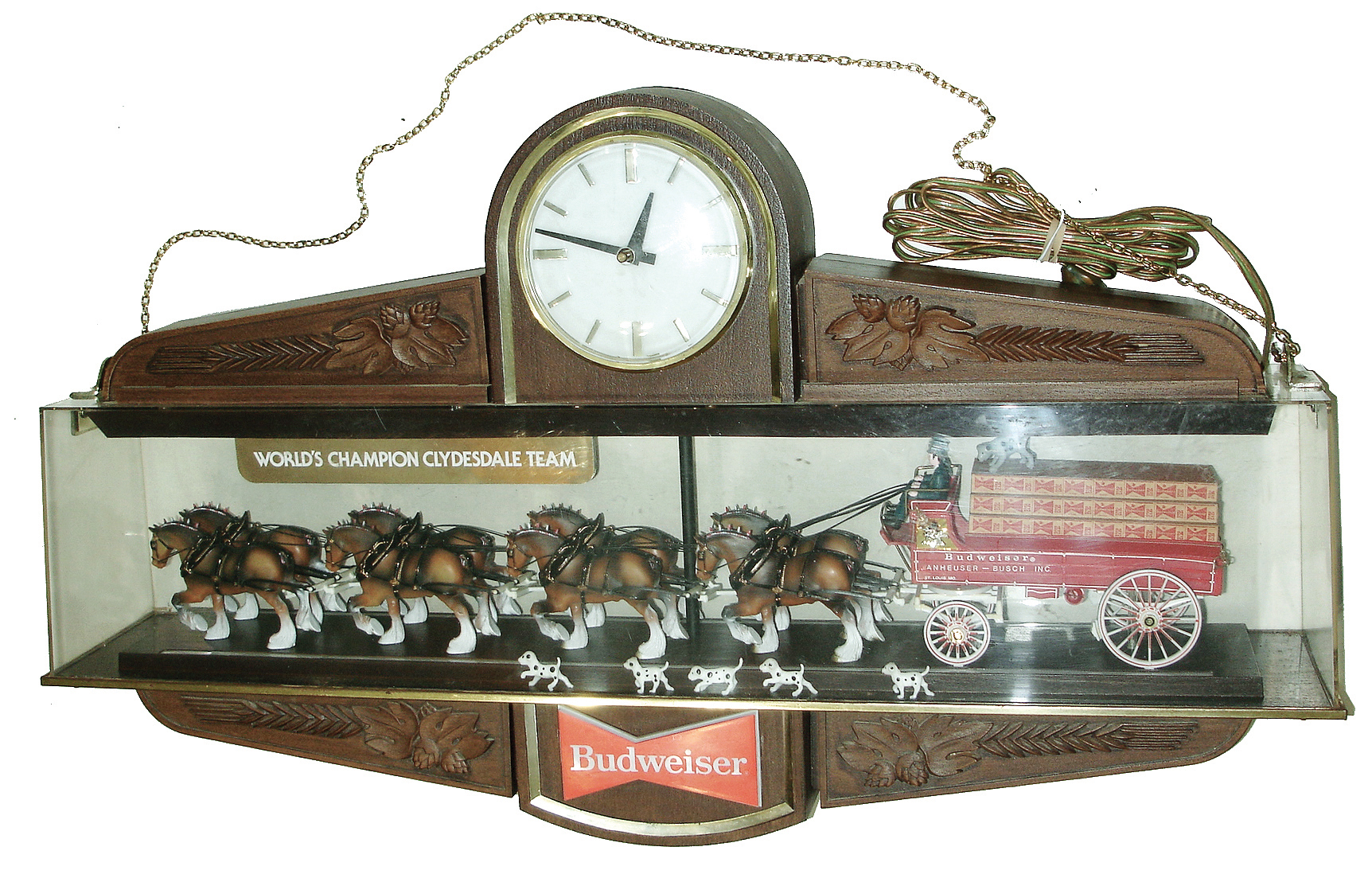 Budweiser plastic plug-in electric hanging advertising clock with ÒWorld Champion Clydesdale TeamÓ horse, dog, and carriage figures, mid 20th century — Antique Clocks Price Guide