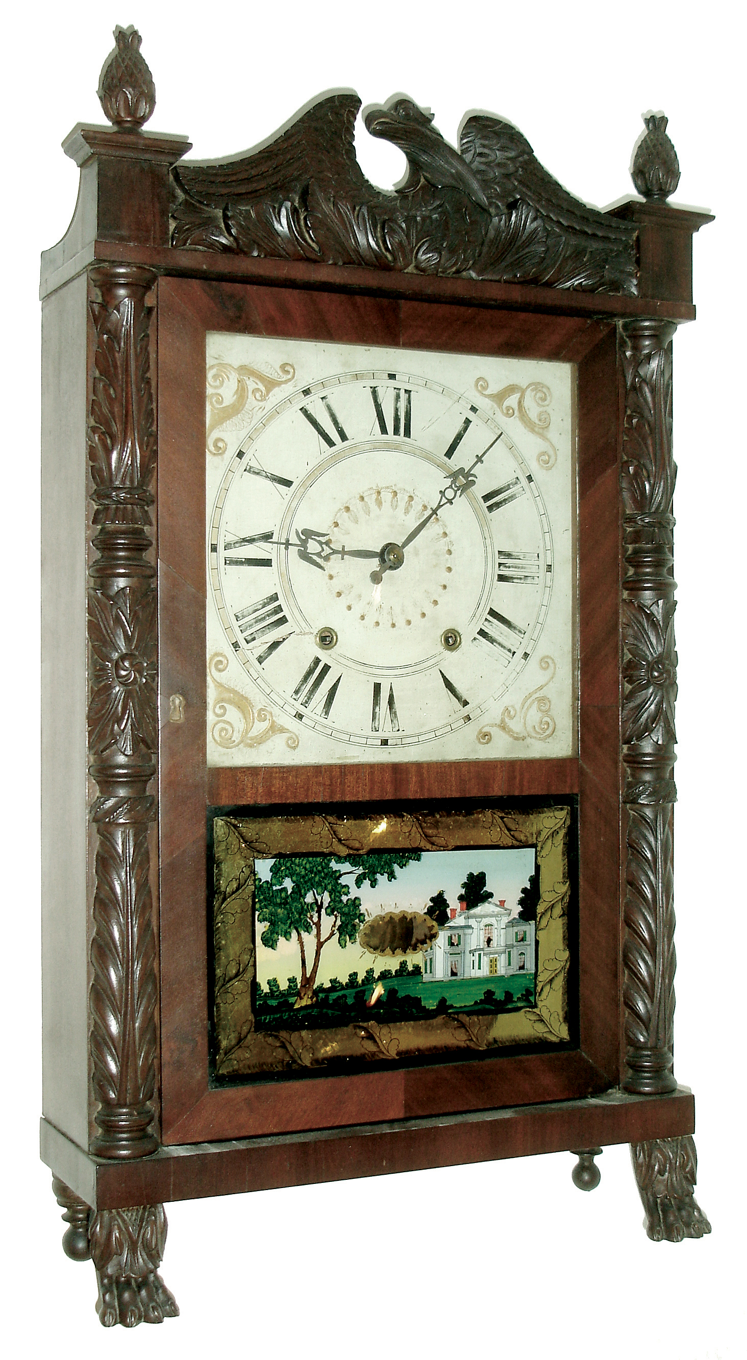 George Mitchell by Atkins and Downs, Bristol, Conn., fully carved half column and eagle splat mahogany case shelf clock with a, 30 hours, weight driven, wooden works movement, c1830. — Antique Clocks Price Guide