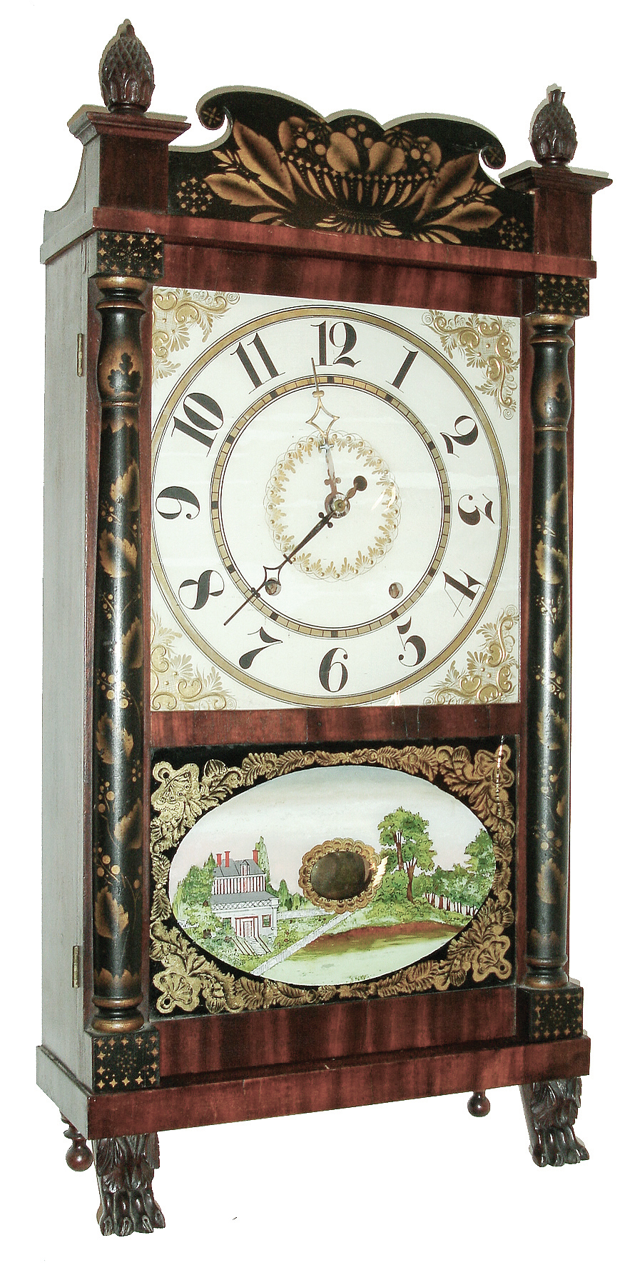 E. &amp; G. W. Bartholomew, Bristol, Conn., 30 hours, time &amp; strike wood movement shelf clock in diminutive mahogany veneered case with paw feet, carved pineapples and stenciled half column &amp; splat, c1835. — Antique Clocks Price Guide