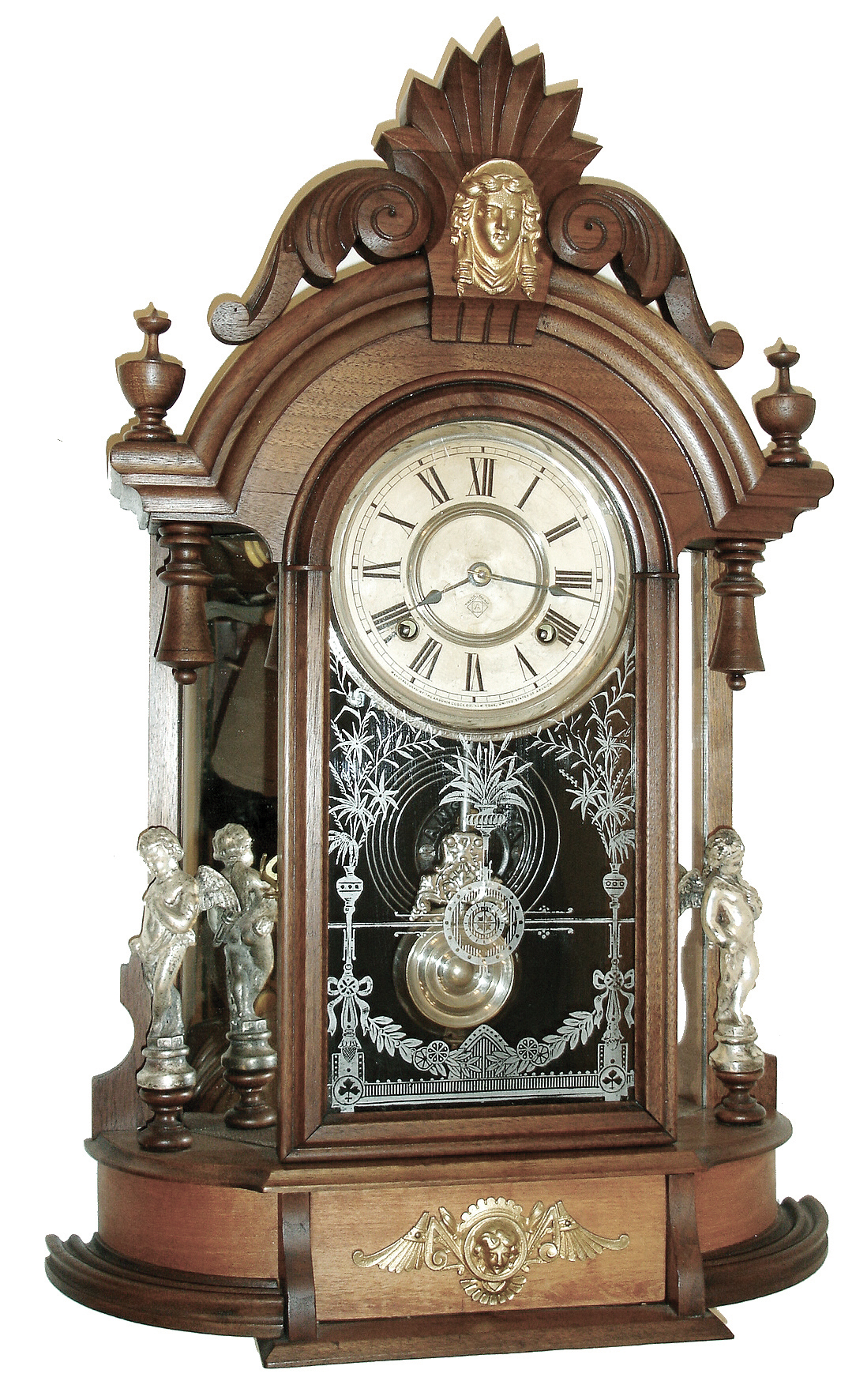 Ansonia Clock Co., New York, NY, ÓTriumphÒ shelf clock in a walnut case with a spring driven, 8 days, time an half hour strike movement, c1880. — Antique Clocks Price Guide