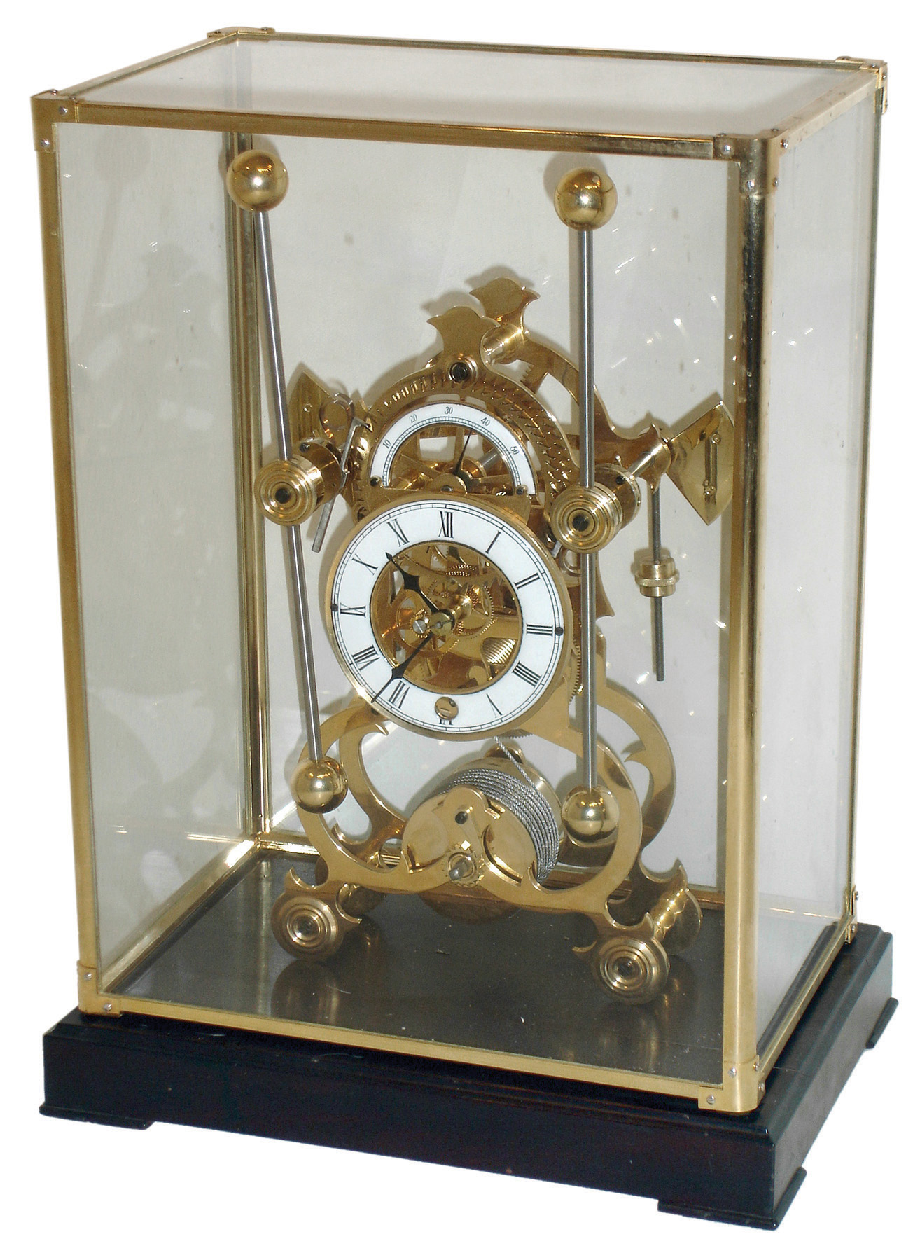 Asian brass reproduction of Harrison H1 marine clock, grasshopper escapement, 8 days, time only, with fusee, porcelain chapter ring, stained wood base, glass and brass cover; late 20th century — Antique Clocks Price Guide