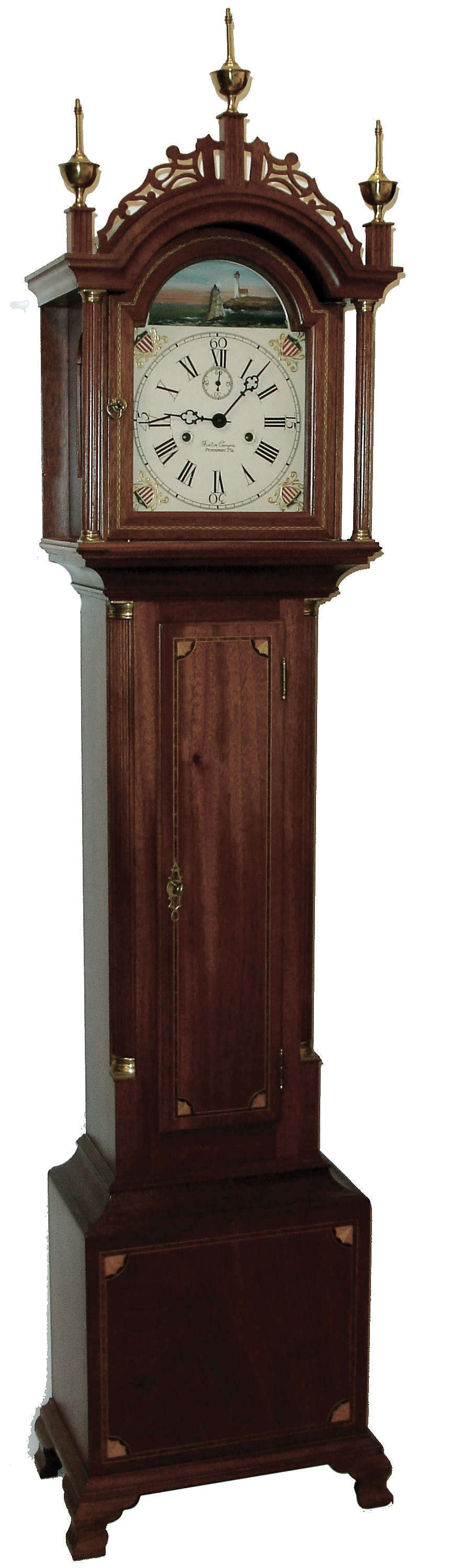 Foster Campos, Pembroke, Mass., ÓGM 1Ò, dwarf tall case clock, 8 days, time and strike, weight driven, German movement in a Roxbury style mahogany case with herring bone inlay and corner pattered on trunk door and base with a painted metal Rocking Ship dial, dated 1985, serial number 13 — Antique Clocks Price Guide