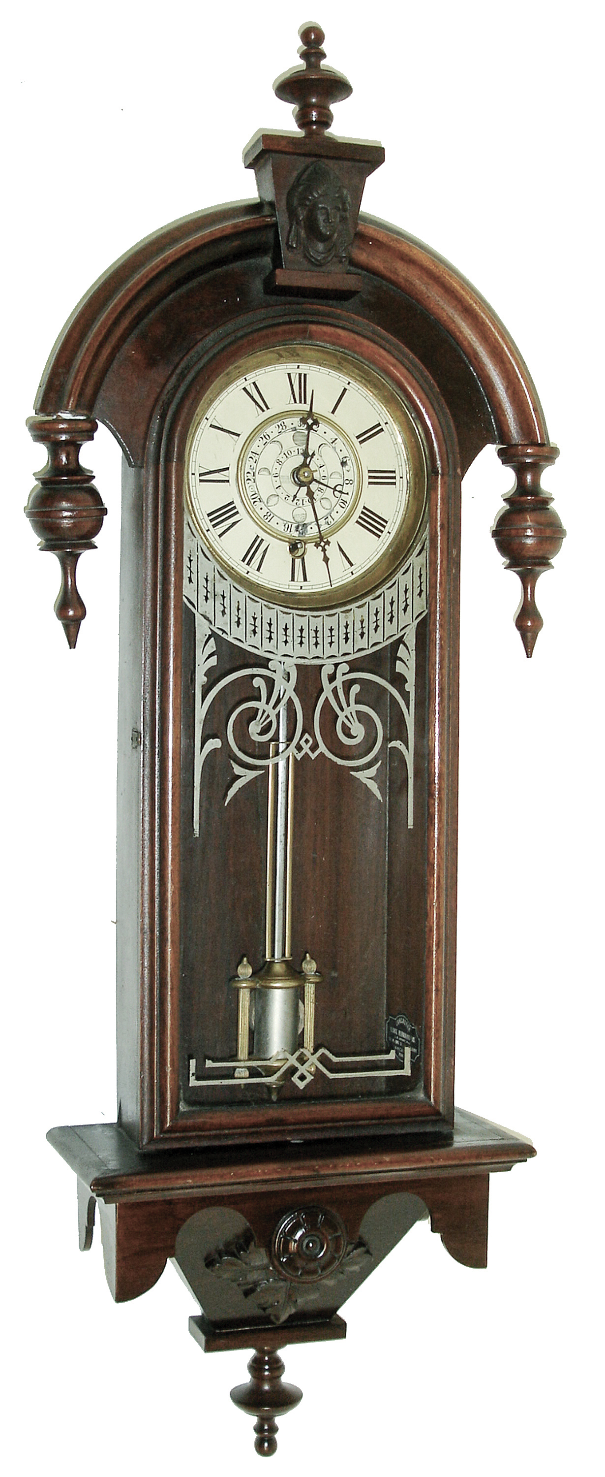 Wm. L. Gilbert Clock Co., Winsted, Conn., ÒLunarÓ wall clock in a ÒPendantÓ case, 8 days, spring-driven timepiece with Professor HaydenÕs rare date and lunar calendar, in a walnut case with a painted zinc dial, c1881. — Antique Clocks Price Guide