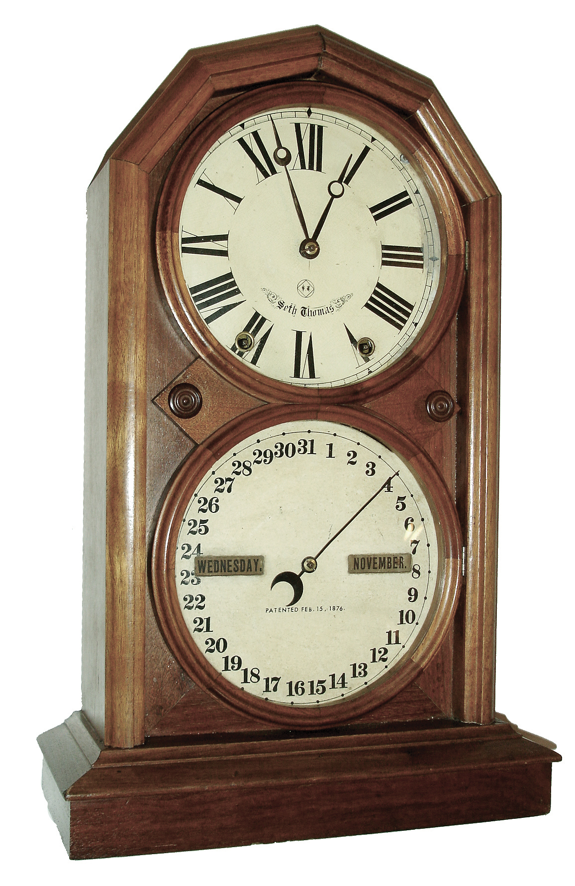 Seth Thomas Clock Co., Thomaston, Conn., ÓParlor Calendar No. 5Ò, shelf clock, 8 days, time, strike and with R. T. Andrews 1876 patent calendar, spring driven movement, walnut case, c1896. — Antique Clocks Price Guide