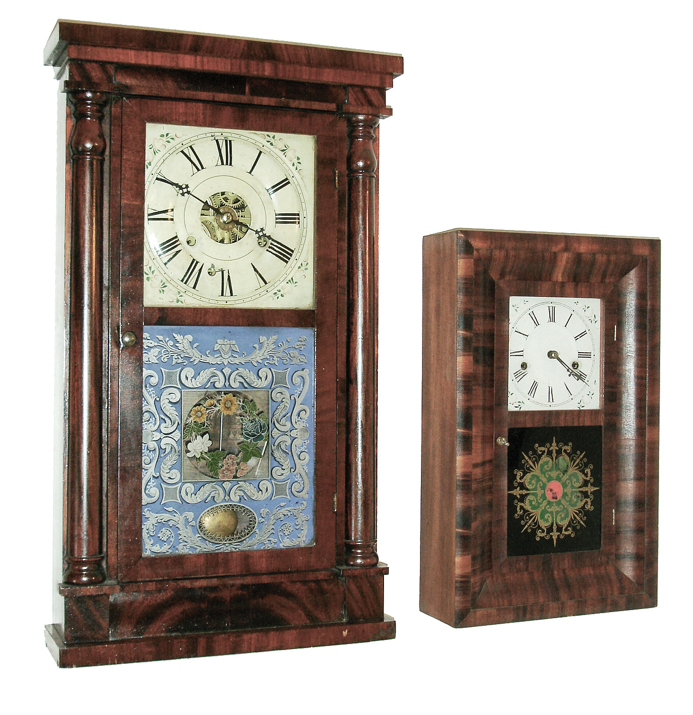 Clocks- 2 (Two): (1) Seth Thomas Clock Co. Plymouth Hollow, CT and retailed by R. W. Patterson &amp; Co., Toronto, Canada West., 30 hours, weight driven, time, strike and alarm movement ÓRose ColumnÒ model in a mahogany case, c1855. (2) Ansonia Brass Co., Ansonia, Conn.ÓOGÒ with spring driven, 30 hours, time and strike, movement in a miniature rosewood veneered OOG case, c1865. — Antique Clocks Price Guide
