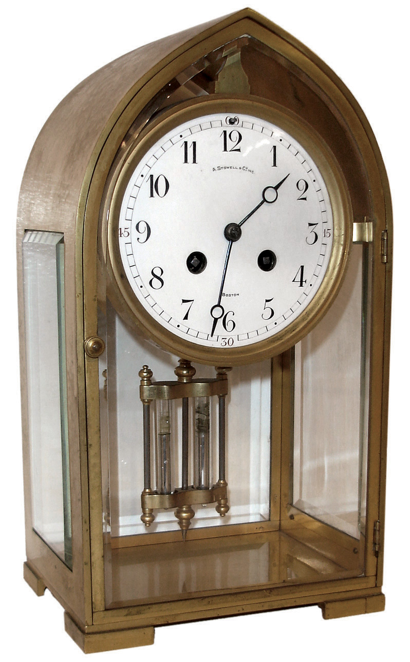France, Japy Freres, 8 days, time and strike, spring brass movement crystal regulator mantel clock retailed by A. Stowell &amp; Co., Inc., Boston, c1900 — Antique Clocks Price Guide