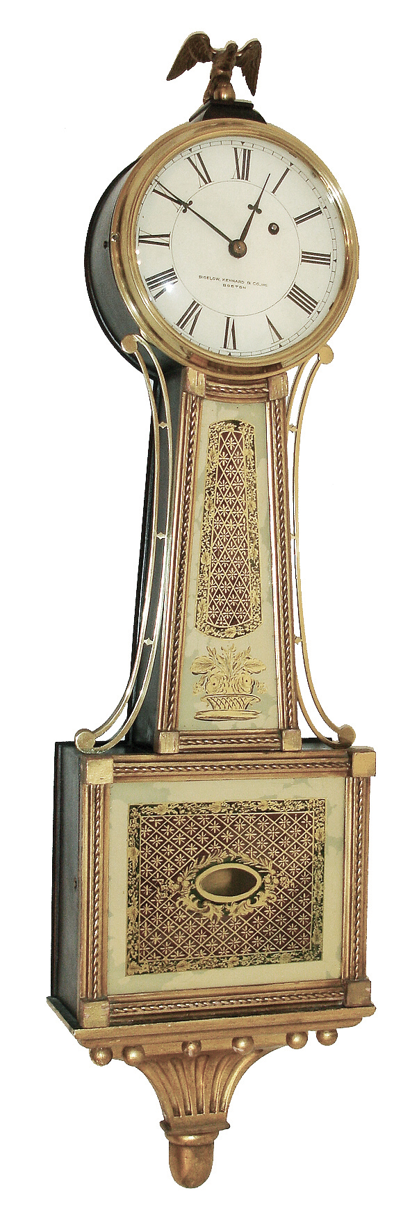 Herschede Clock Co., Cincinnati, OH, 8 days, weight brass movement Patent timepiece of ÒbanjoÓ clock retailed by Bigelow, Kennard &amp; Co., Inc., Boston, c1913 This movement was made by the Derry Mfg. Co., Derry, NH. Herschede purchased the Derry business in 1912. — Antique Clocks Price Guide
