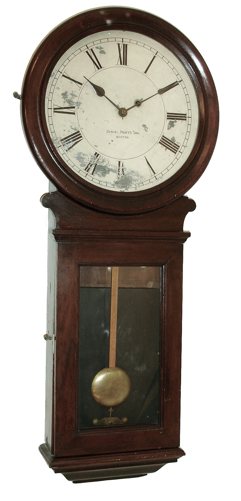 Boston Clock Co., Boston, Mass, for retailer Daniel PrattÕs Son, 8 days, weight driven, timepiece in a cherry wall hanging case, c1895 — Antique Clocks Price Guide